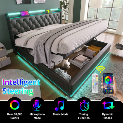 Upholstered Bed, 360 Surround LED Function, Remote Control, Hydraulic Storage Bed With USB, Type-C Charging (Without Mattress) - The Sleep Loft - Online Mattress Showroom NYC