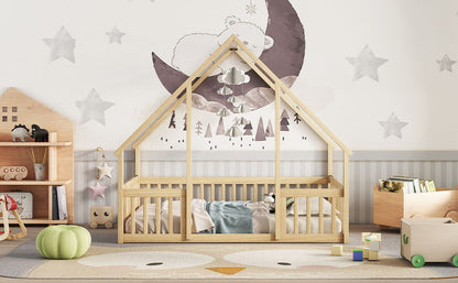 Wood House-Shaped Floor Bed With Fence, Guardrails - The Sleep Loft - Online Mattress Showroom NYC
