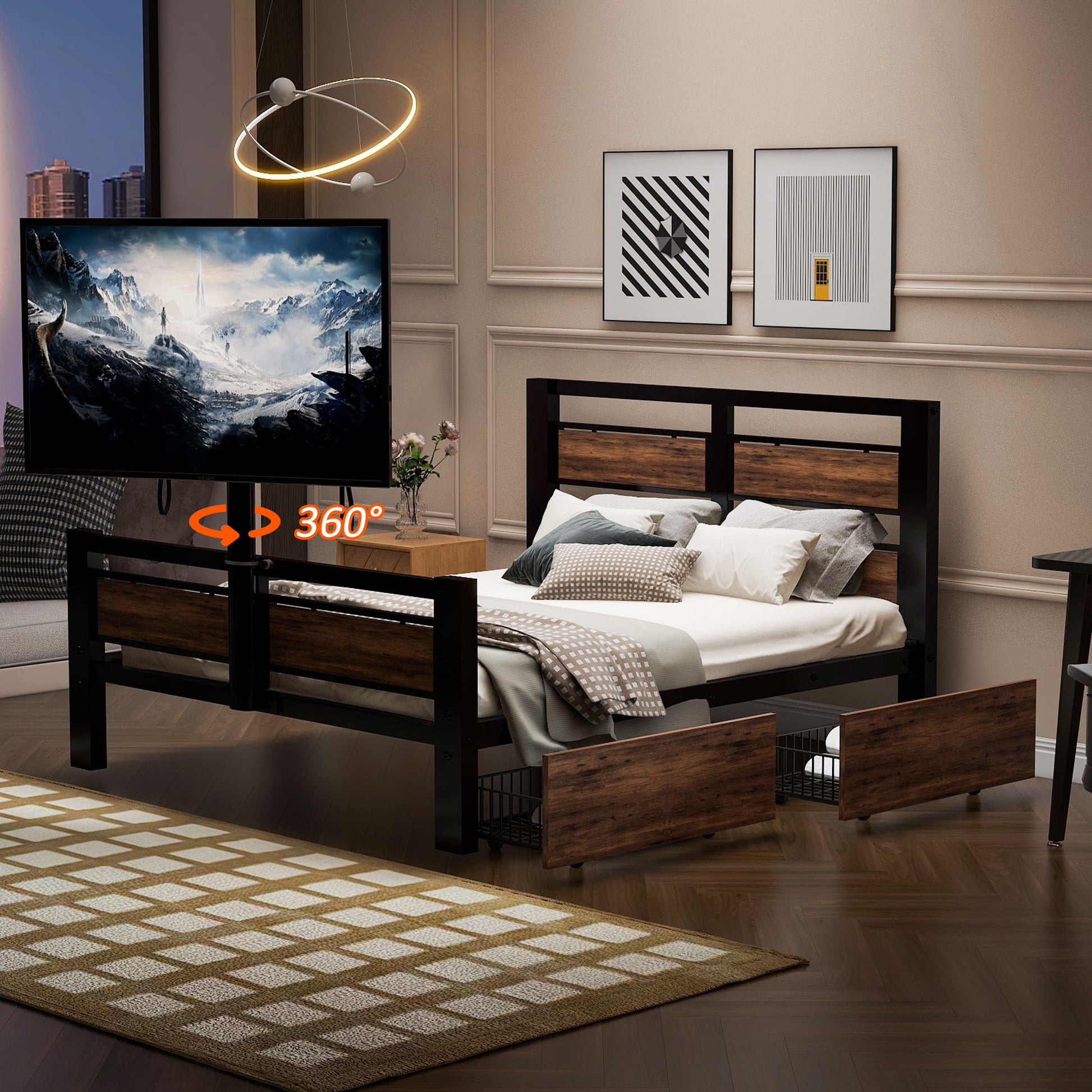Twin Size Platform Bed With Headboard And Footboard, 2 Storage Drawers And Rotatable TV Stand - Black - The Sleep Loft - Online Mattress Showroom NYC