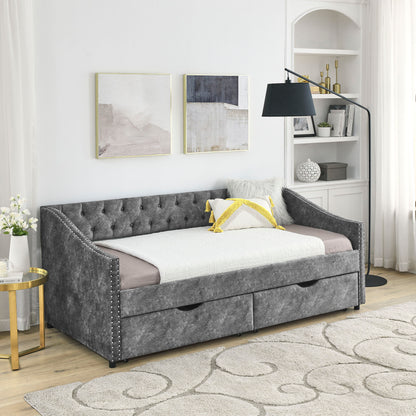 Upholstered Tufted Daybed With 2 Drawers, Waved Arms - The Sleep Loft - Online Mattress Showroom NYC