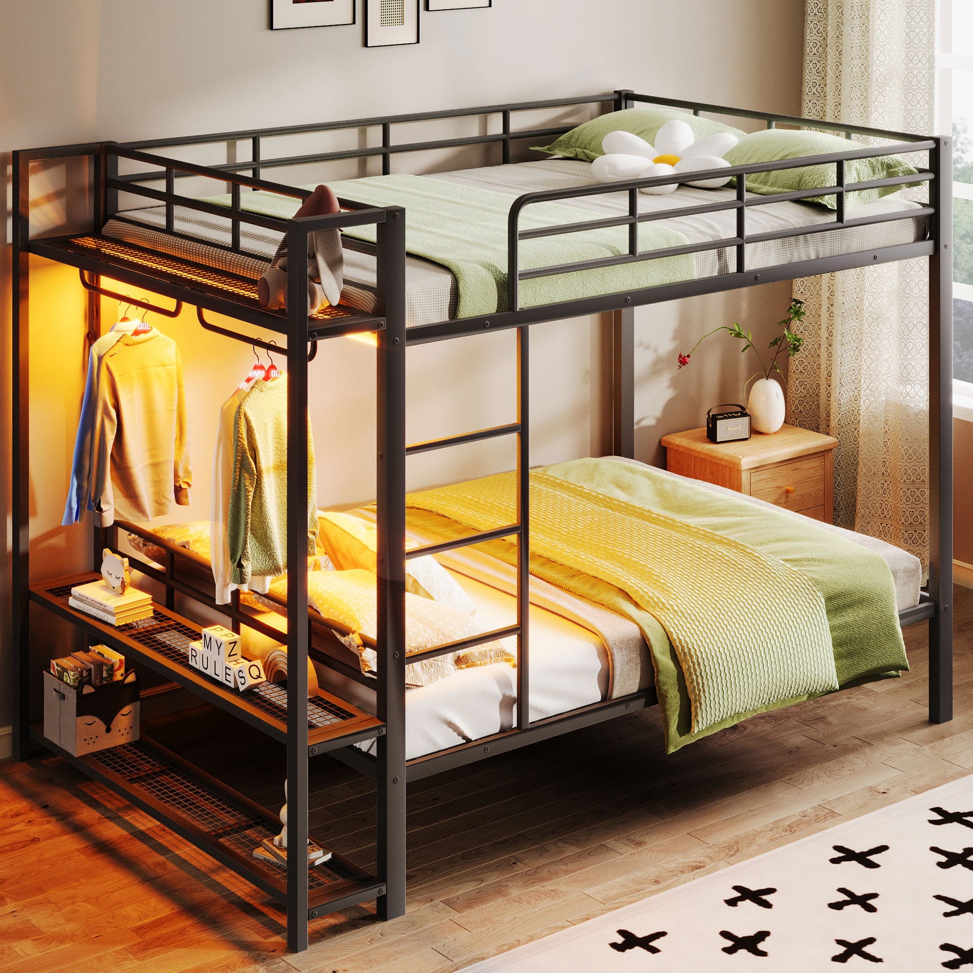 Bunk Bed With Storage Shelves, Clothes Hooks, LED Light - The Sleep Loft - Online Mattress Showroom NYC