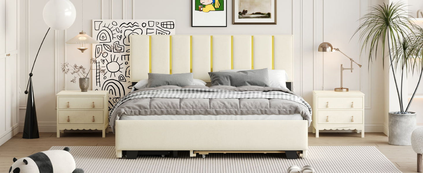 Upholstered Platform Bed With 2 Drawers And 1 Trundle, Classic Strip Headboard Design - The Sleep Loft - Online Mattress Showroom NYC