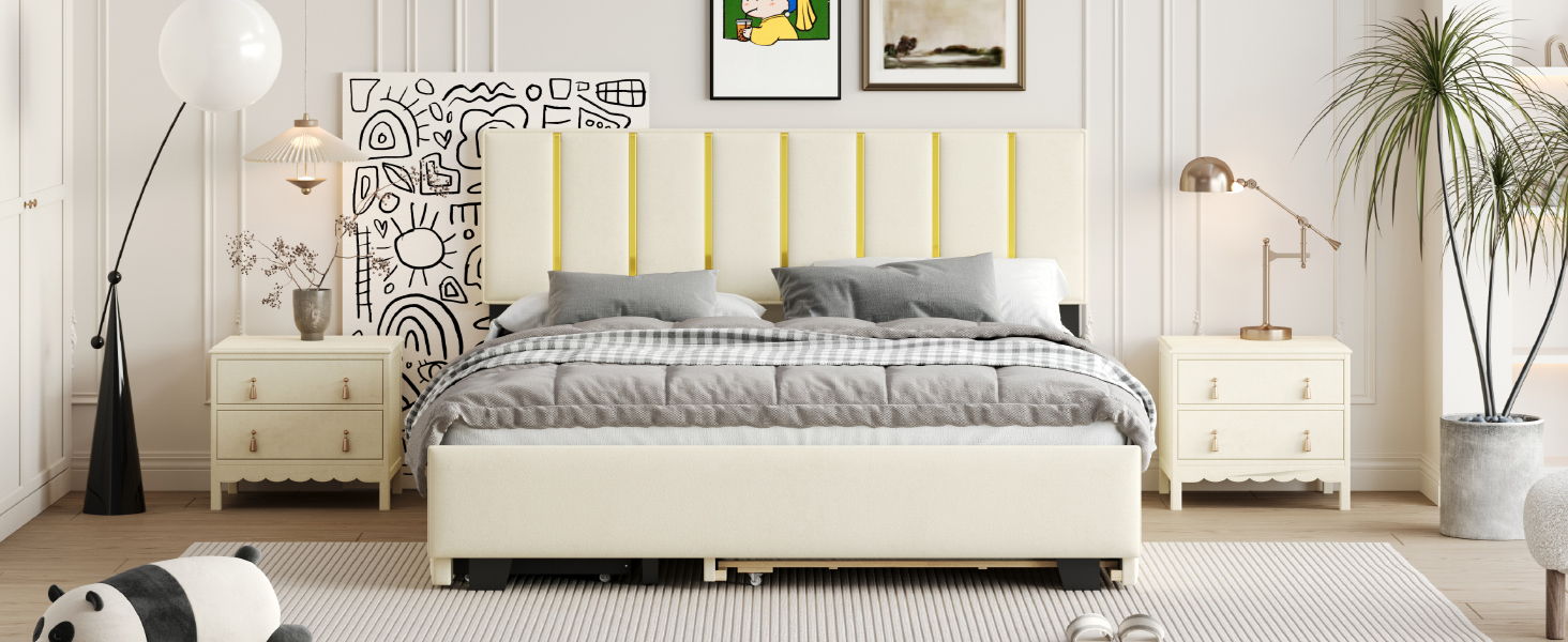 Upholstered Platform Bed With 2 Drawers And 1 Trundle, Classic Strip Headboard Design - The Sleep Loft - Online Mattress Showroom NYC