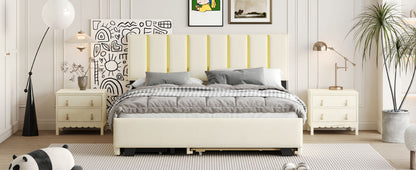 Upholstered Platform Bed With 2 Drawers And 1 Trundle, Classic Strip Headboard Design - The Sleep Loft - Online Mattress Showroom NYC