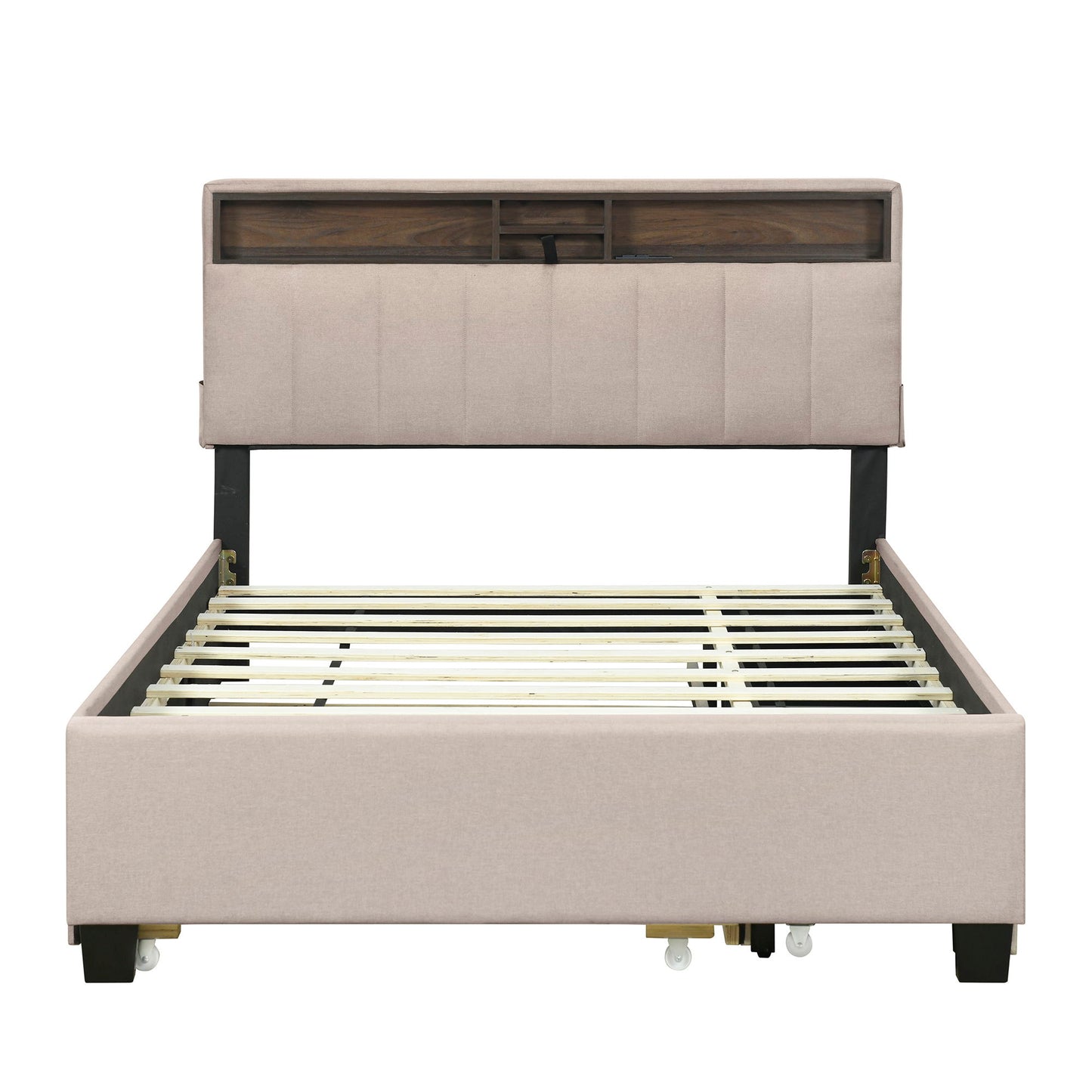 Upholstered Platform Bed With Storage Headboard, Trundle & 2 Drawers And A Set Of Sockets & USB Ports - The Sleep Loft - Online Mattress Showroom NYC