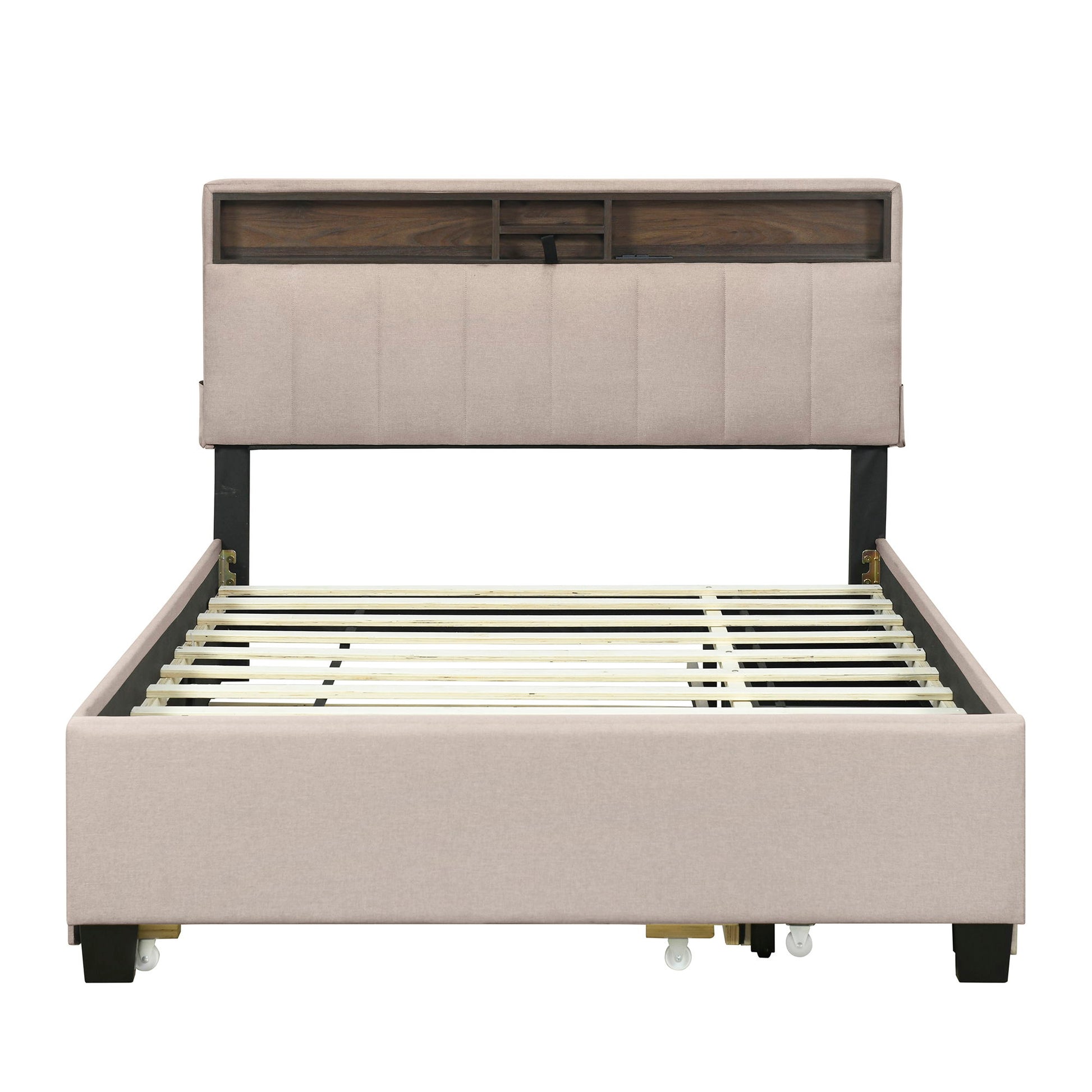Upholstered Platform Bed With Storage Headboard, Trundle & 2 Drawers And A Set Of Sockets & USB Ports - The Sleep Loft - Online Mattress Showroom NYC