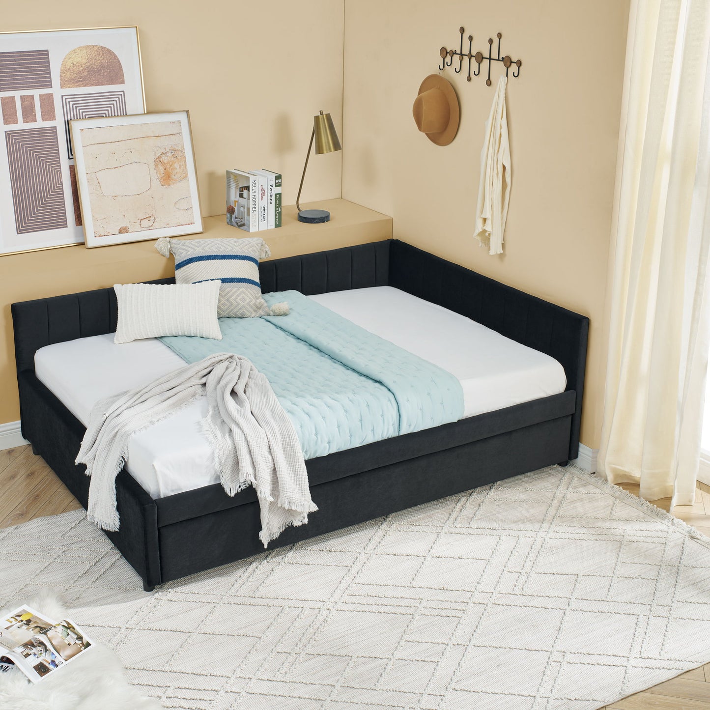 Full Size Upholstered Daybed With Trundle, Tufted Backrest And Armrests - Black - The Sleep Loft - Online Mattress Showroom NYC