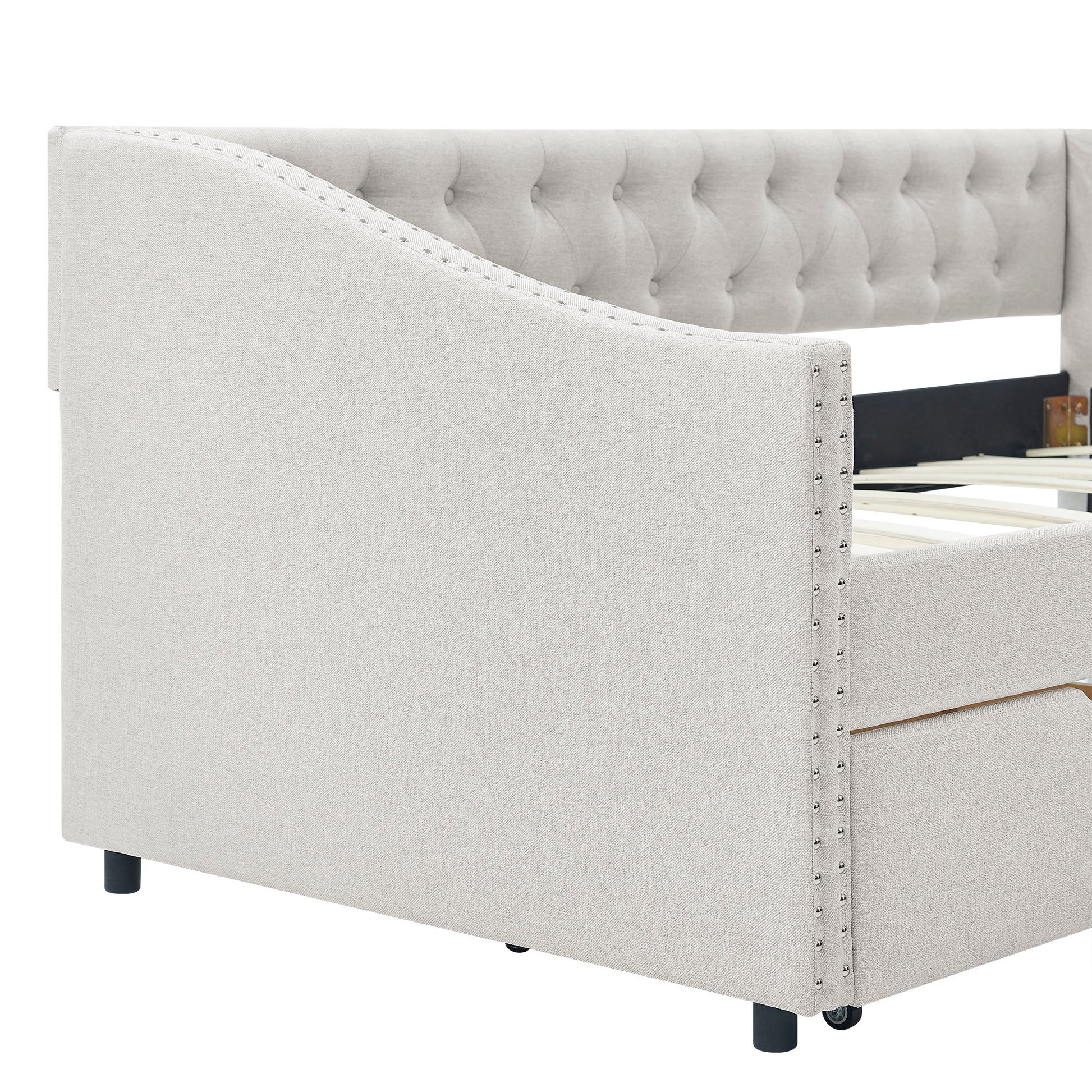 Upholstered Tufted Daybed With 2 Drawers, Waved Arms - The Sleep Loft - Online Mattress Showroom NYC