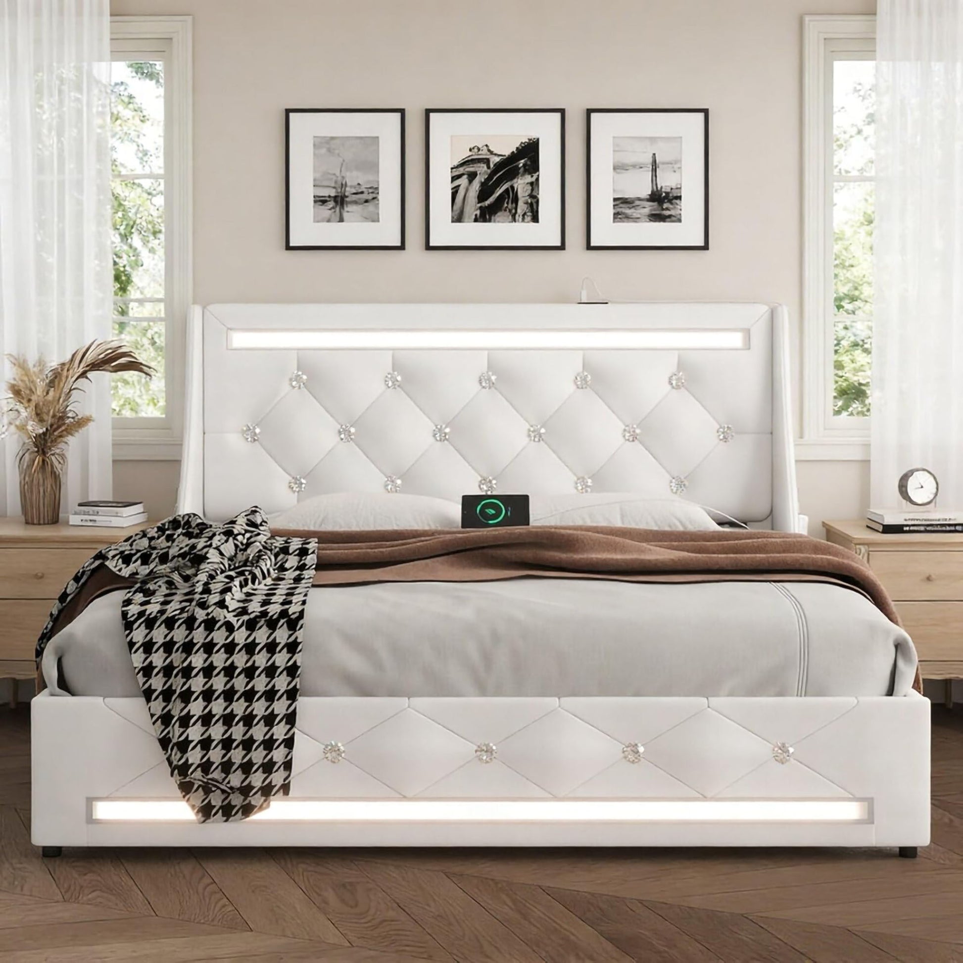 Wingback Upholstered Bed Frame With LED Lights, Charging Station - The Sleep Loft - Online Mattress Showroom NYC