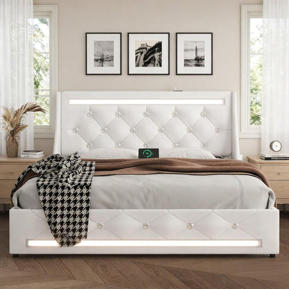 Wingback Upholstered Bed Frame With LED Lights, Charging Station - The Sleep Loft - Online Mattress Showroom NYC