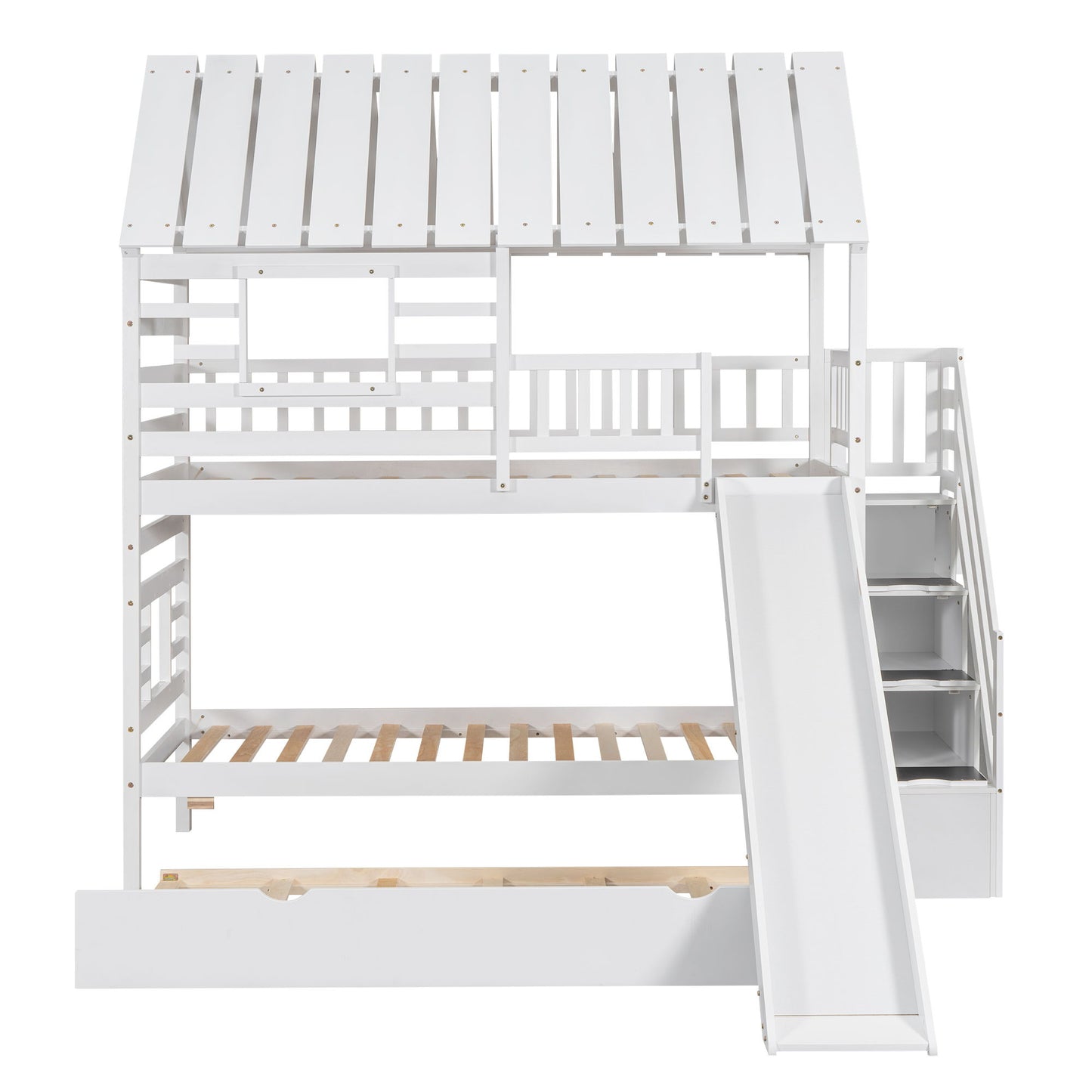 House Bunk Bed With Trundle, Storage Staircase, Roof And Window Design - The Sleep Loft - Online Mattress Showroom NYC