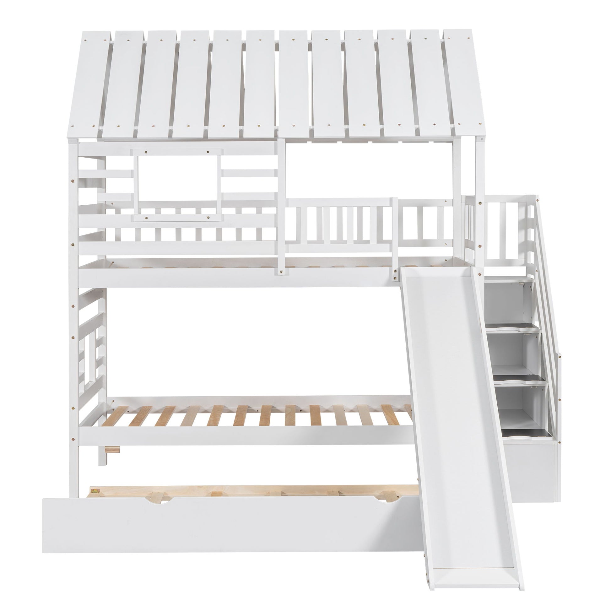House Bunk Bed With Trundle, Storage Staircase, Roof And Window Design - The Sleep Loft - Online Mattress Showroom NYC