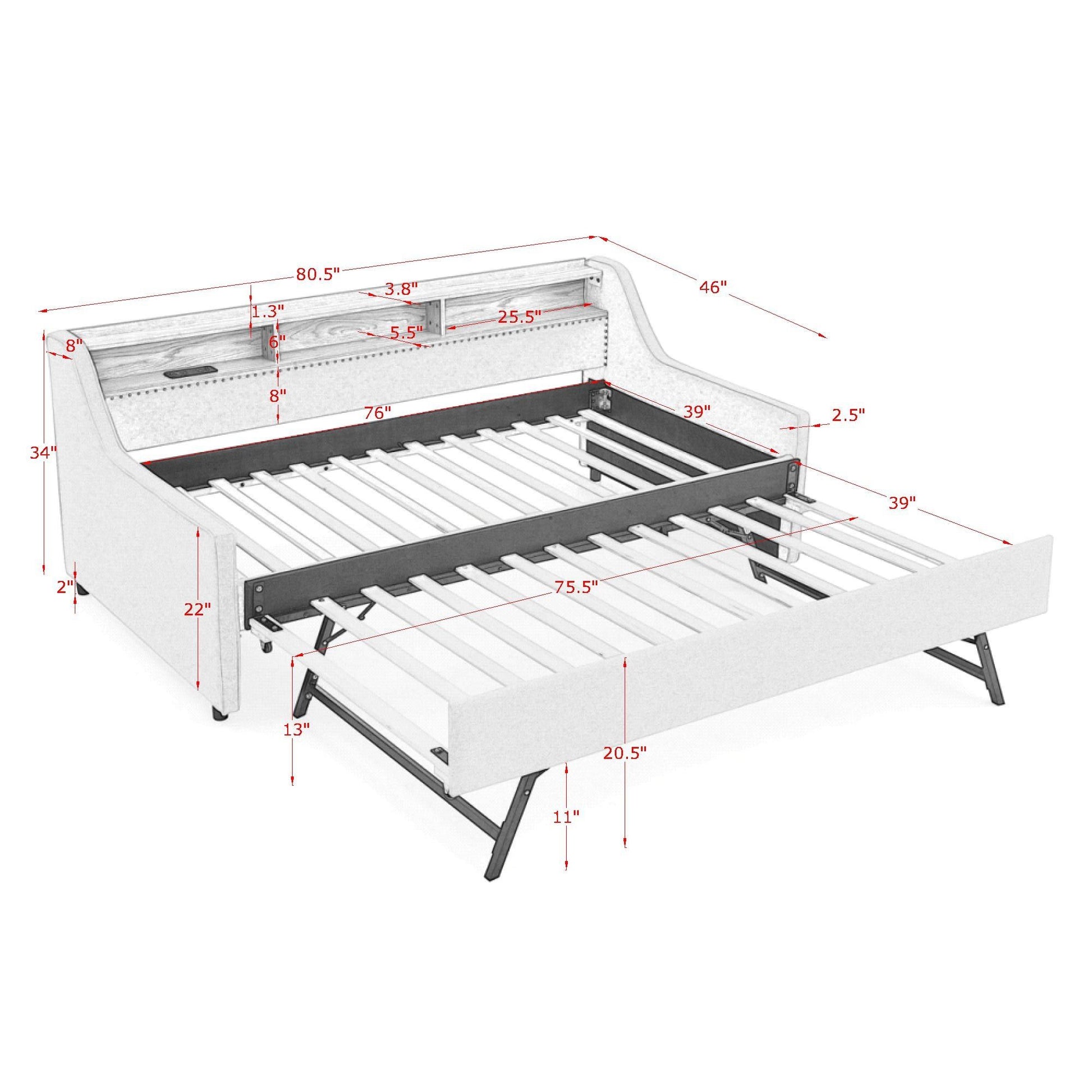 Upholstered Sofa Bed With LED Lights, Storage Headboard, Foldable Trundle & Wireless Charging - The Sleep Loft - Online Mattress Showroom NYC