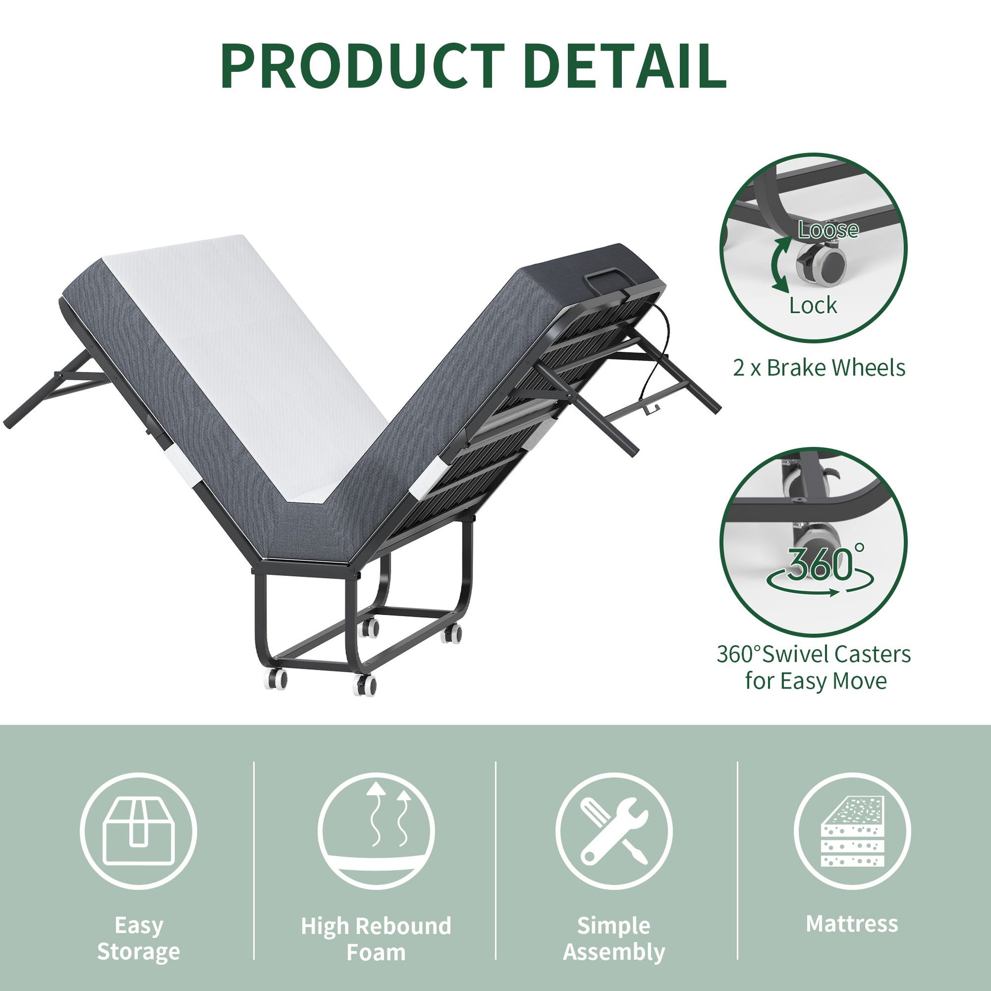 Twin Wide Folding Bed For Tall People, Extra Long & Wide Rollaway With Memory Foam, Heavy-Duty - Black - The Sleep Loft - Online Mattress Showroom NYC