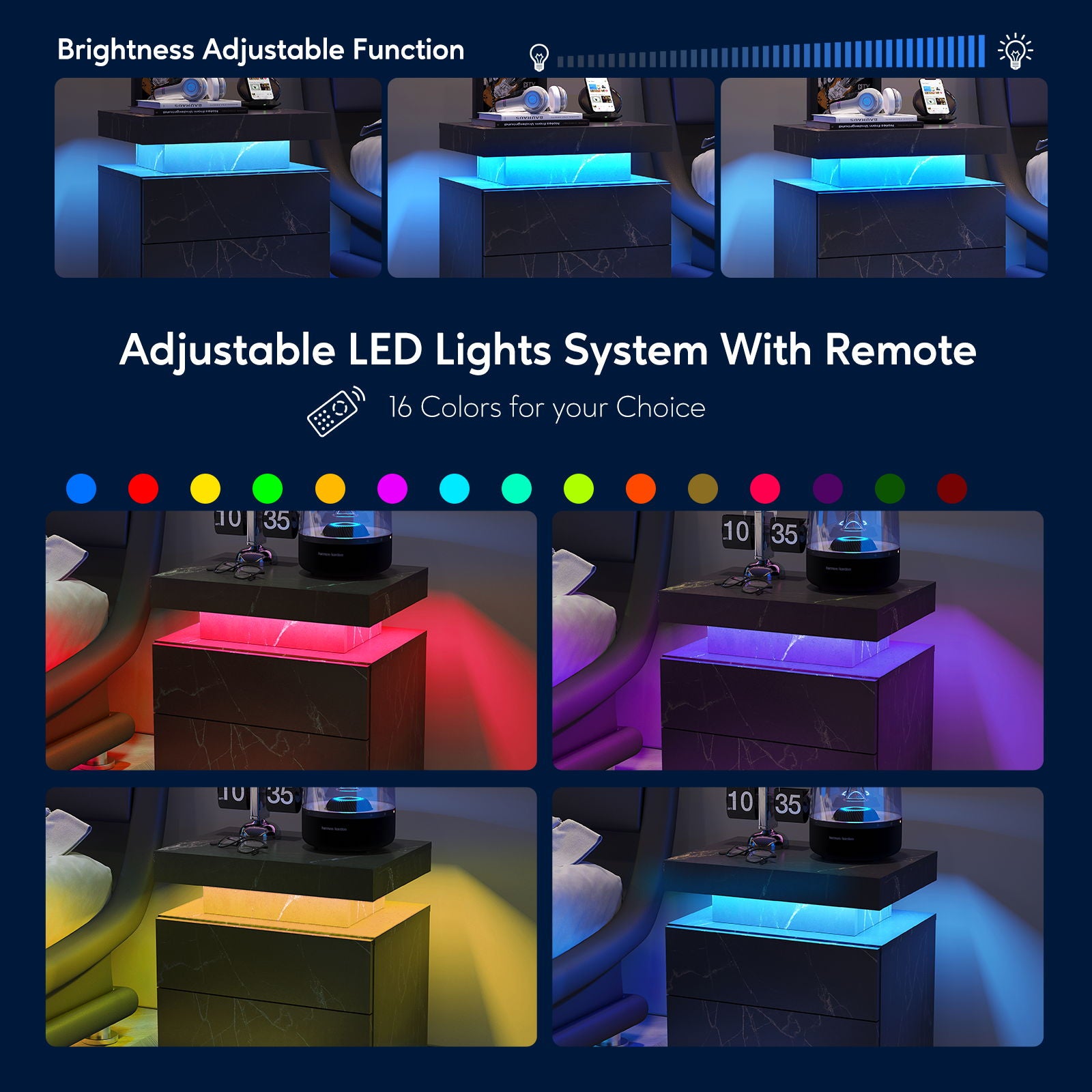 Nightstand LED, Bedside Table Cabinet With 2 Drawers For Bedroom - The Sleep Loft - Online Mattress Showroom NYC