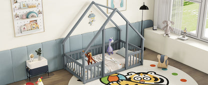 Wood House-Shaped Floor Bed With Fence, Guardrails - The Sleep Loft - Online Mattress Showroom NYC