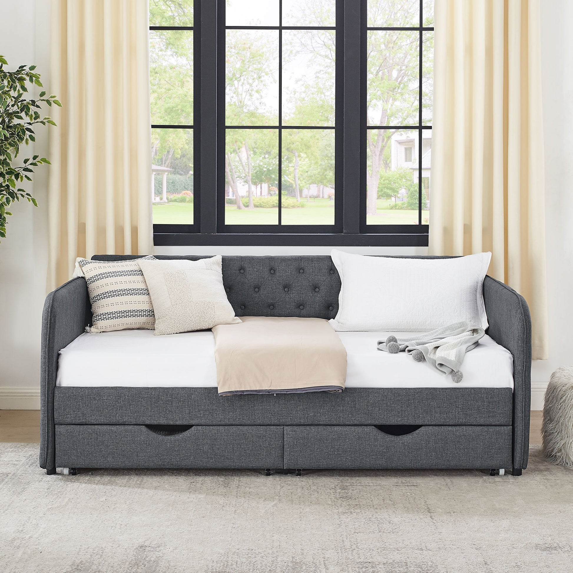 Daybed With Trundle And Storage Drawers, Flat Arms With Pocket - The Sleep Loft - Online Mattress Showroom NYC