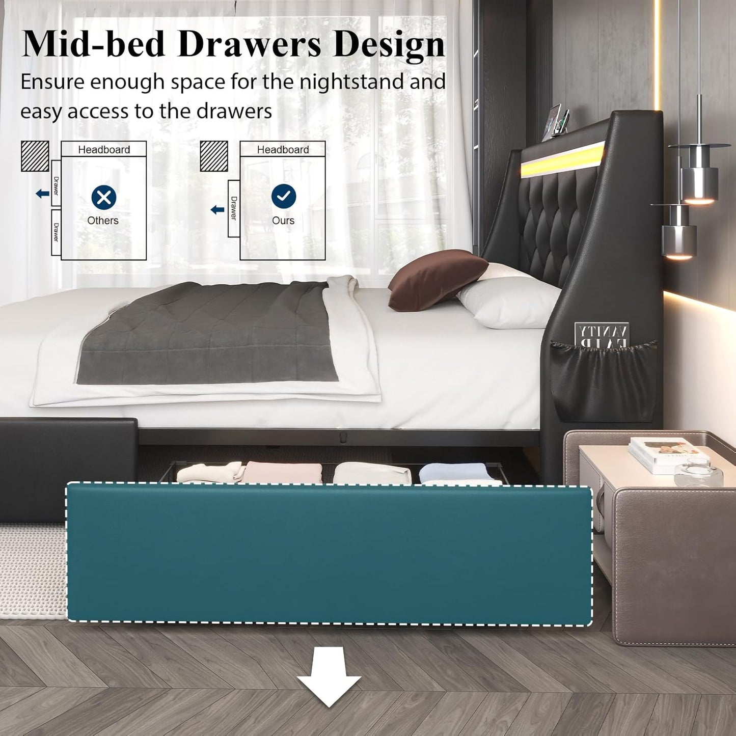 Wingback Upholstered Bed Frame With LED Lights, Charging Station - The Sleep Loft - Online Mattress Showroom NYC