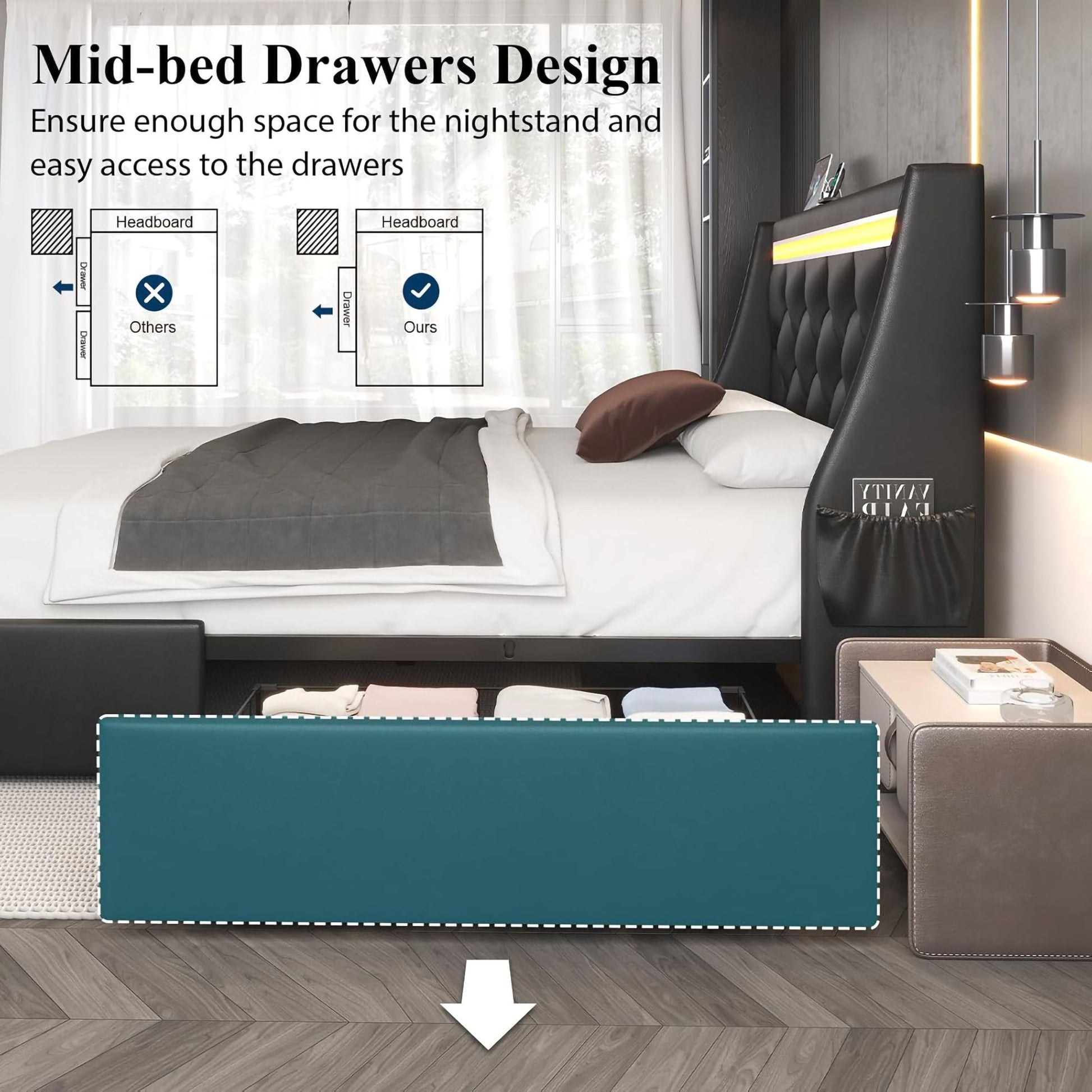 Wingback Upholstered Bed Frame With LED Lights, Charging Station - The Sleep Loft - Online Mattress Showroom NYC