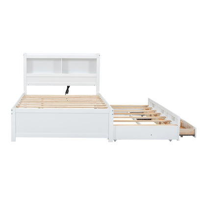 Full Size Platform Bed With Trundle, Drawers, USB Ports And Built In Shelves - White - The Sleep Loft - Online Mattress Showroom NYC