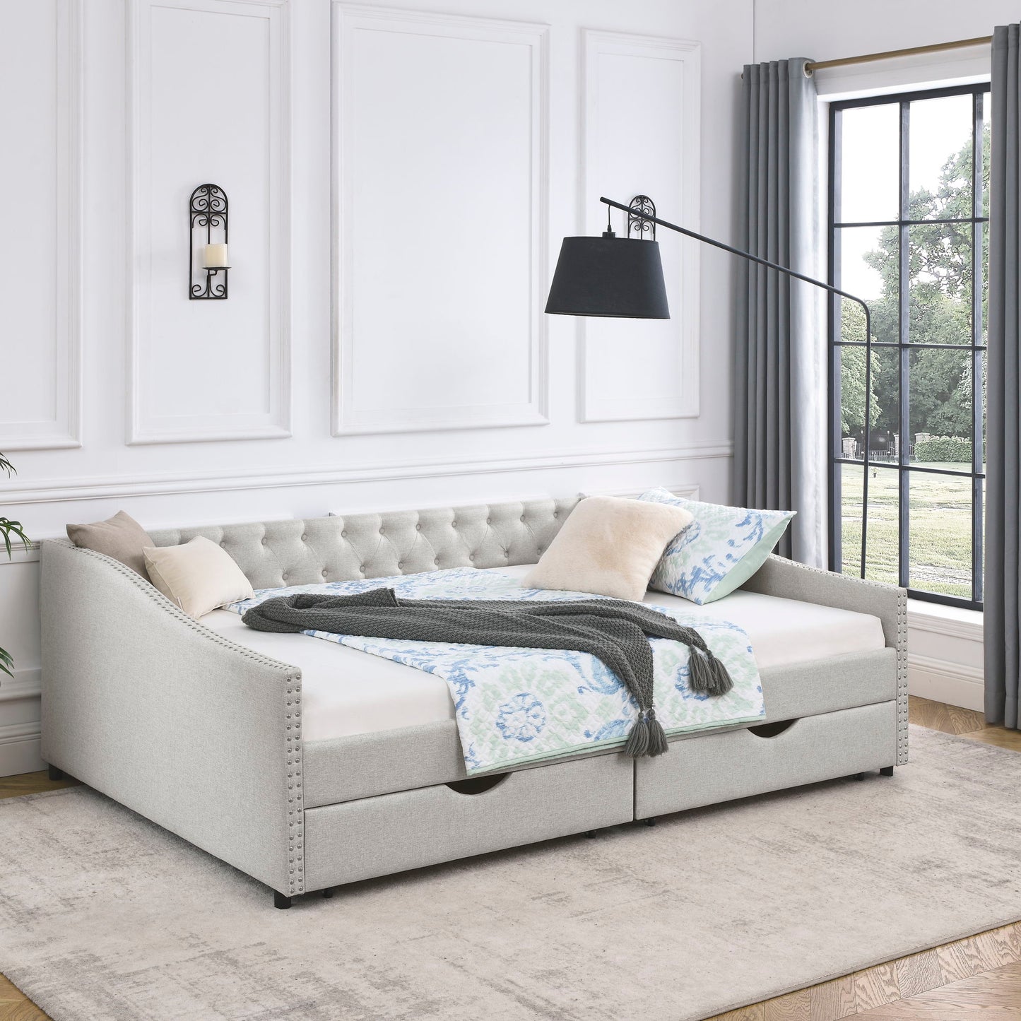 Upholstered Tufted Daybed With Drawers, Waved Arms - The Sleep Loft - Online Mattress Showroom NYC