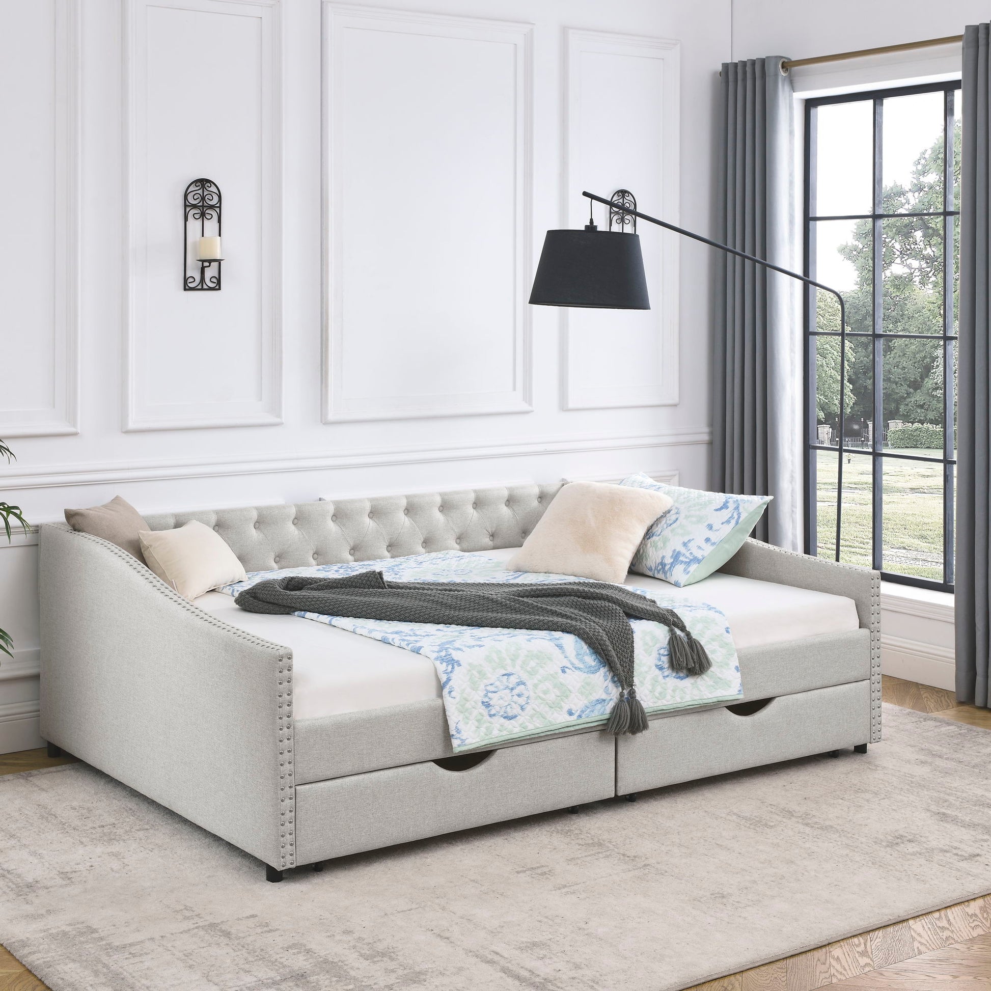 Upholstered Tufted Daybed With Drawers, Waved Arms - The Sleep Loft - Online Mattress Showroom NYC