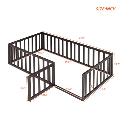 Twin Size Floor Bed Frame With Fence And Door - Walnut - The Sleep Loft - Online Mattress Showroom NYC