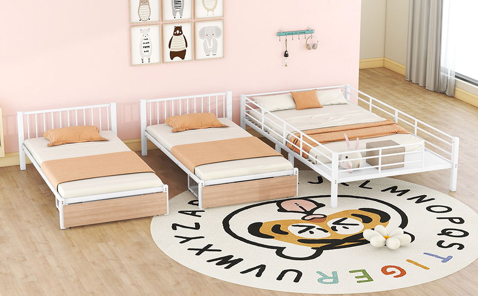 Triple Bunk Bed With Drawers, Multi-Functional Frame With Desks And Shelves In The Middle - The Sleep Loft - Online Mattress Showroom NYC