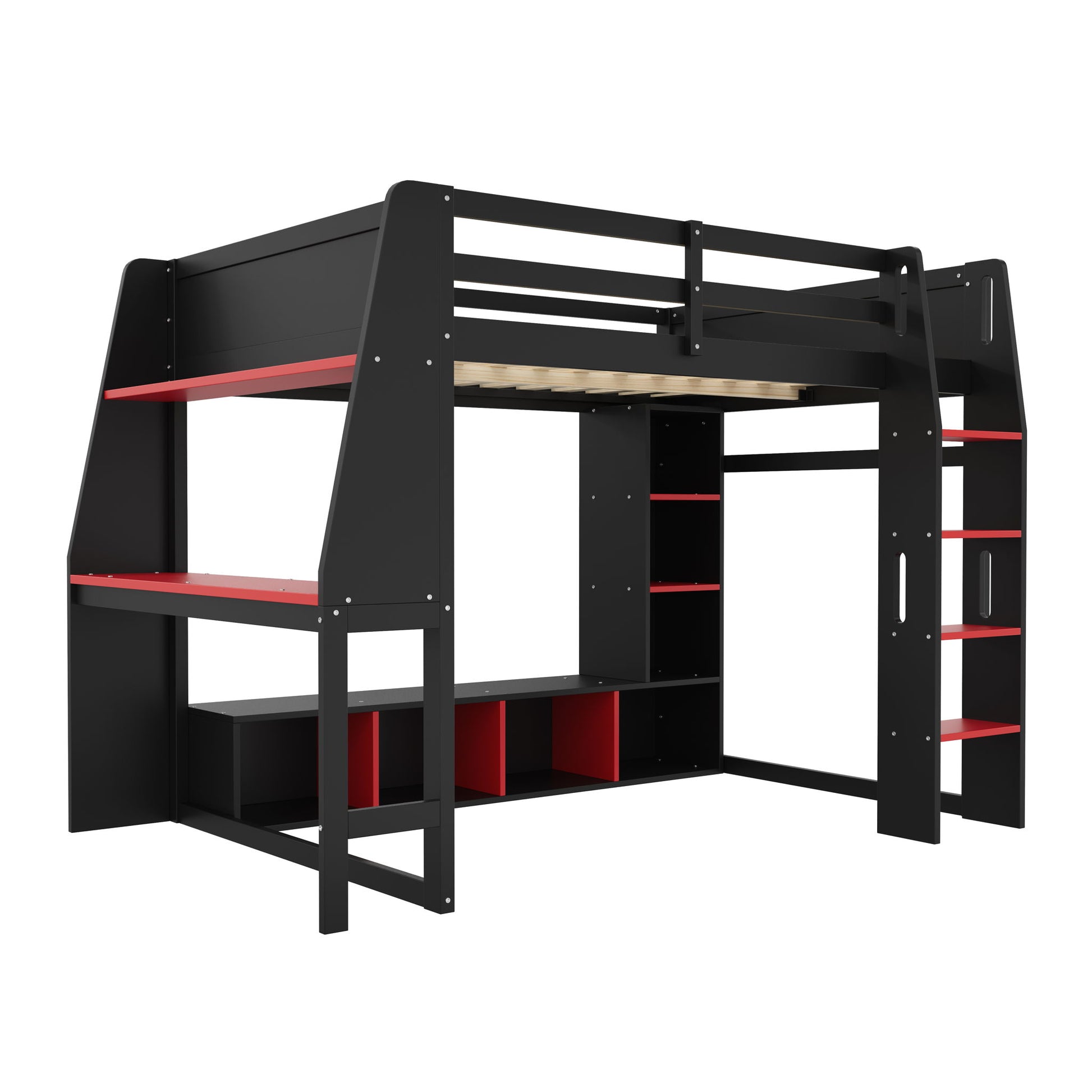 Gaming Loft Bed With Desk, Multi Storage Shelves, LED Lighting, And Hanging Clothes Rack - The Sleep Loft - Online Mattress Showroom NYC