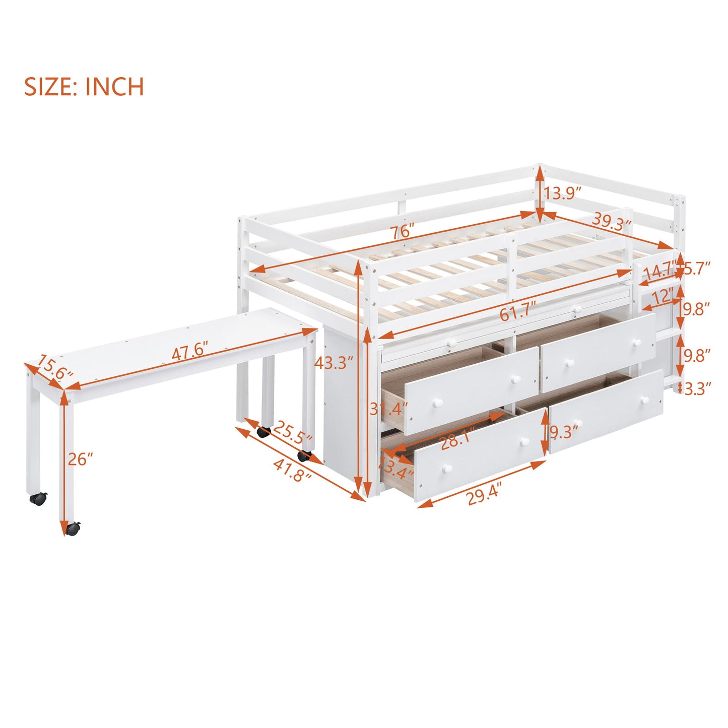 Loft Bed With Retractable Writing Desk And 4 Drawers, With Lateral Portable Desk And Shelves - The Sleep Loft - Online Mattress Showroom NYC