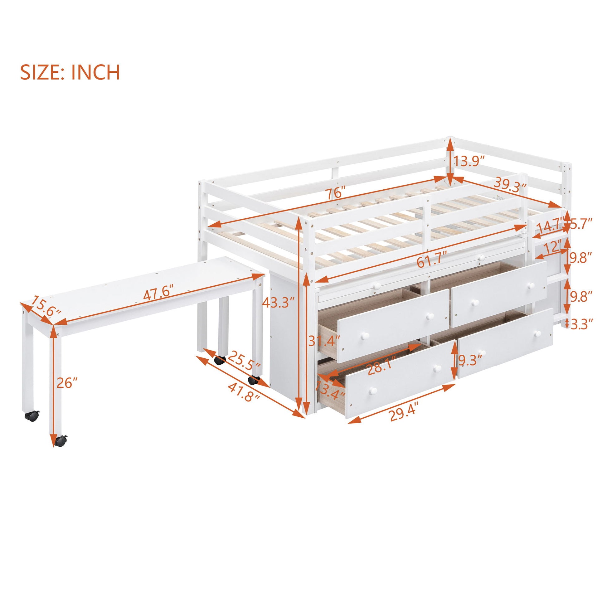 Loft Bed With Retractable Writing Desk And 4 Drawers, With Lateral Portable Desk And Shelves - The Sleep Loft - Online Mattress Showroom NYC