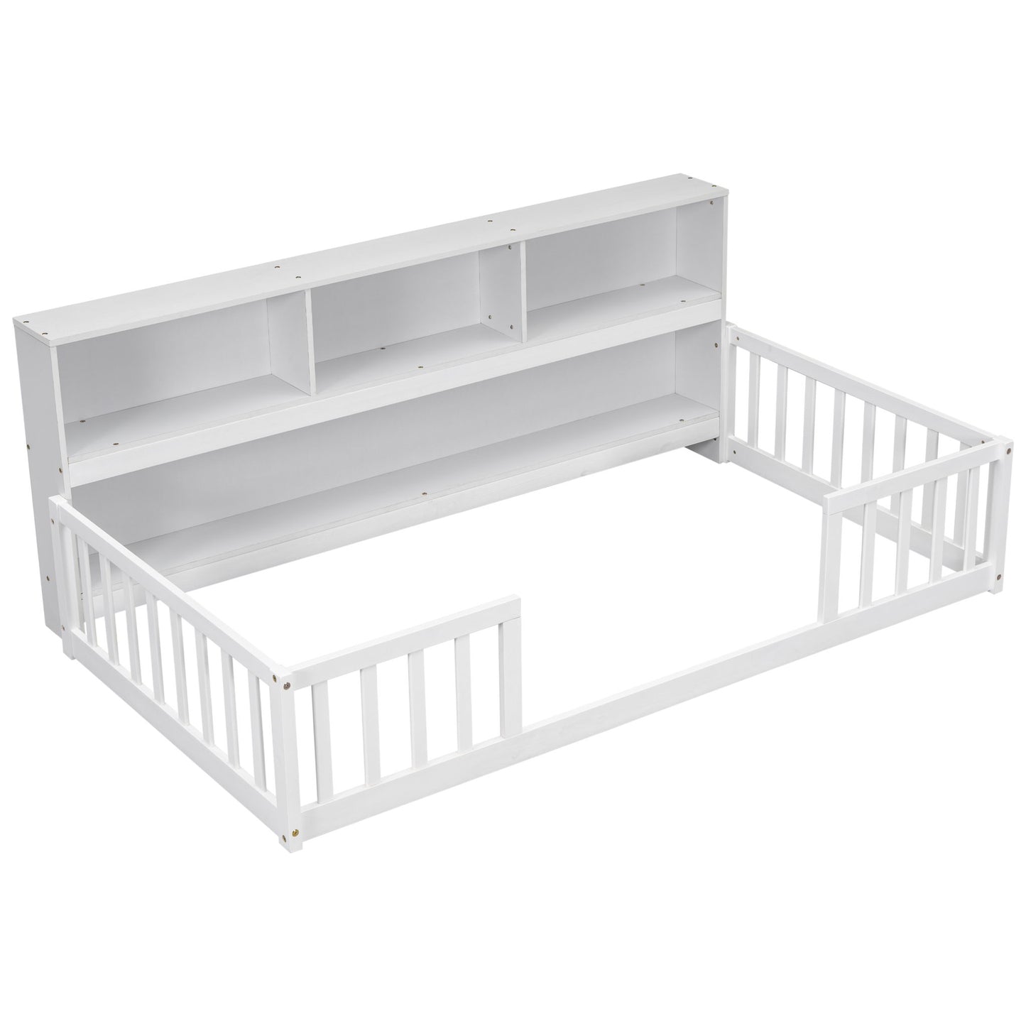 Floor Bed With Bedside Bookcase, Shelves, Guardrails - The Sleep Loft - Online Mattress Showroom NYC