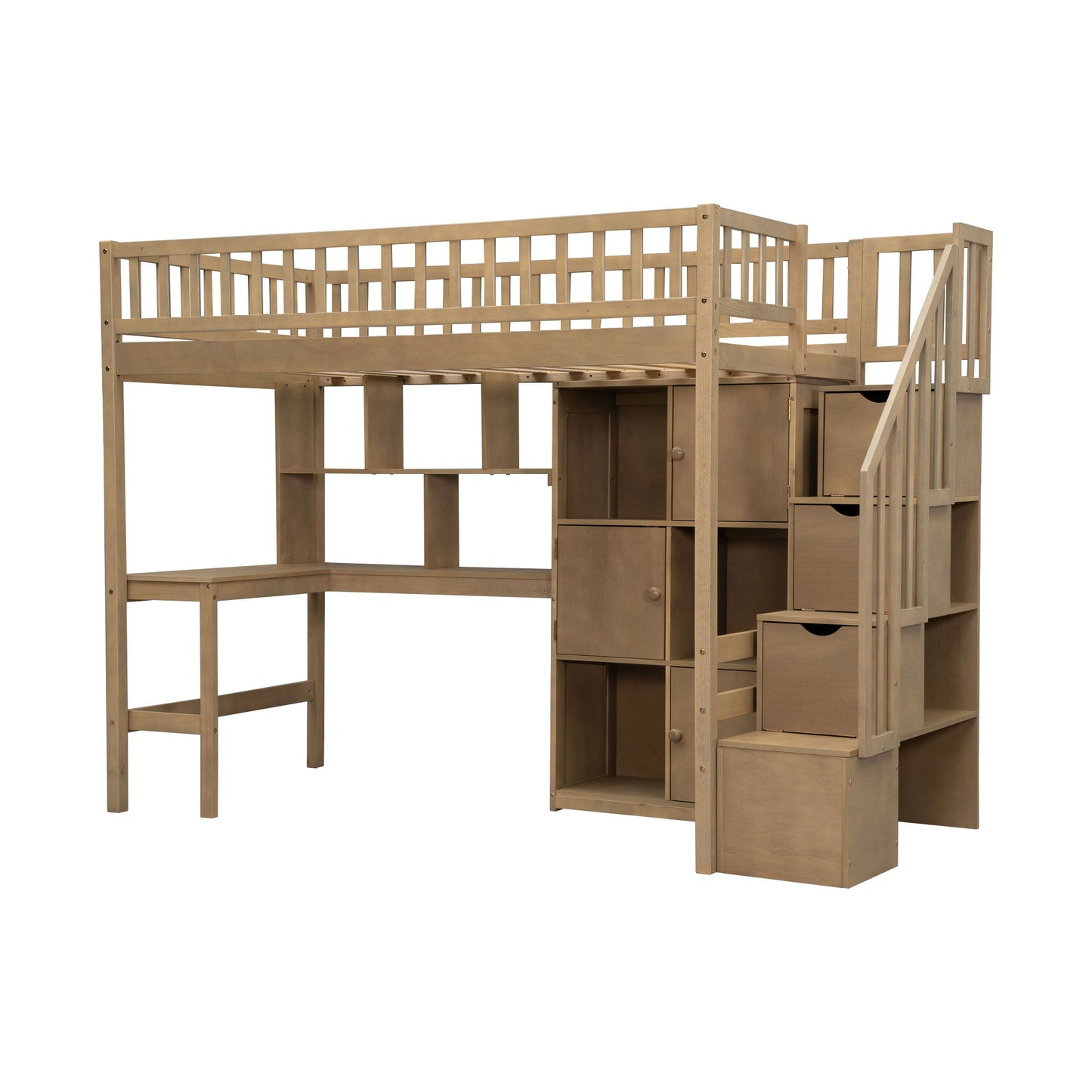 Loft Bed With Built In L Shaped Desk, LED Lights, Storage Shelves, Cabinets, And Staircase - The Sleep Loft - Online Mattress Showroom NYC