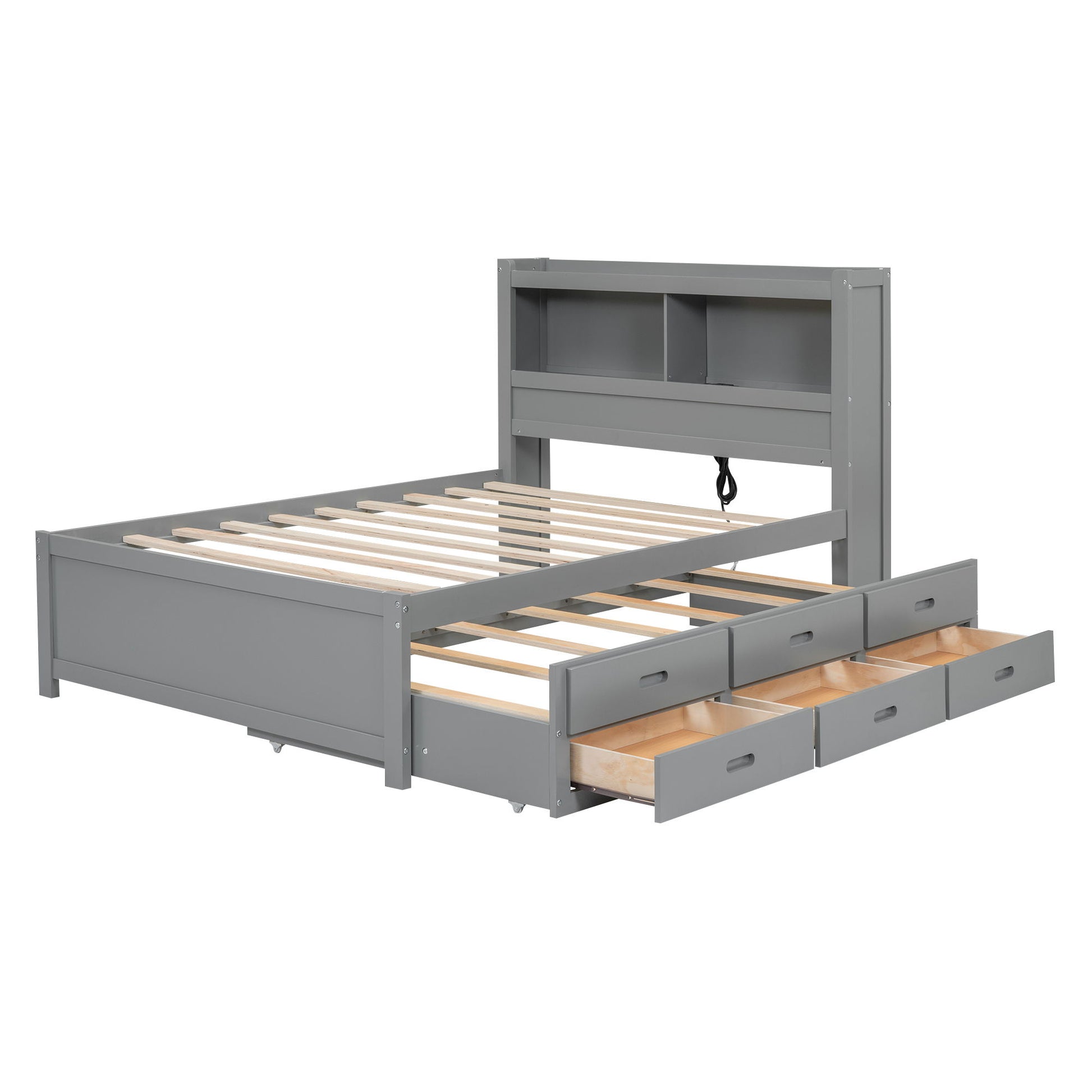 Full Size Platform Bed With Trundle, Drawers, USB Ports And Built In Shelves - Gray - The Sleep Loft - Online Mattress Showroom NYC