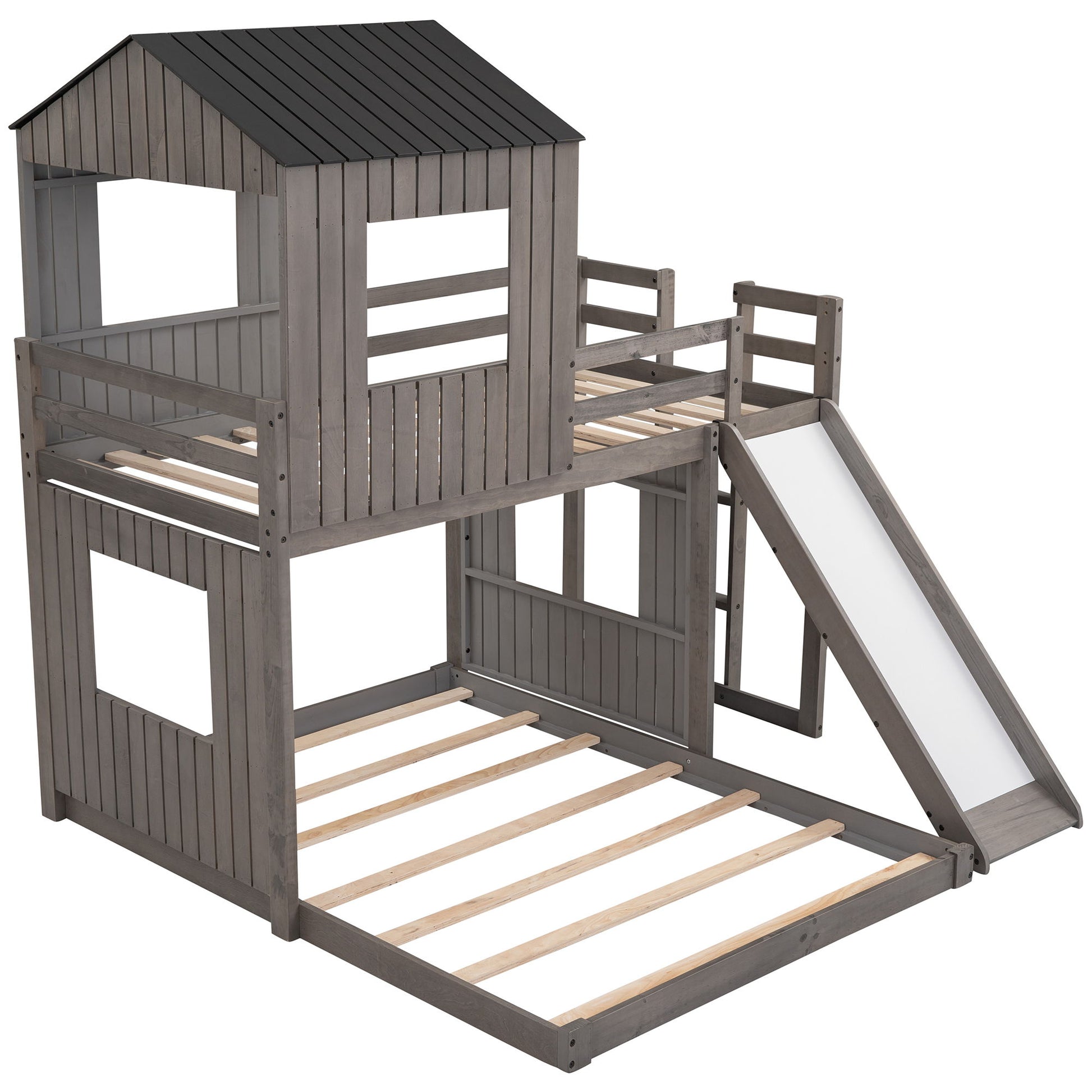Loft Bunk Bed With Playhouse, Farmhouse, Ladder, Slide And Guardrails - The Sleep Loft - Online Mattress Showroom NYC