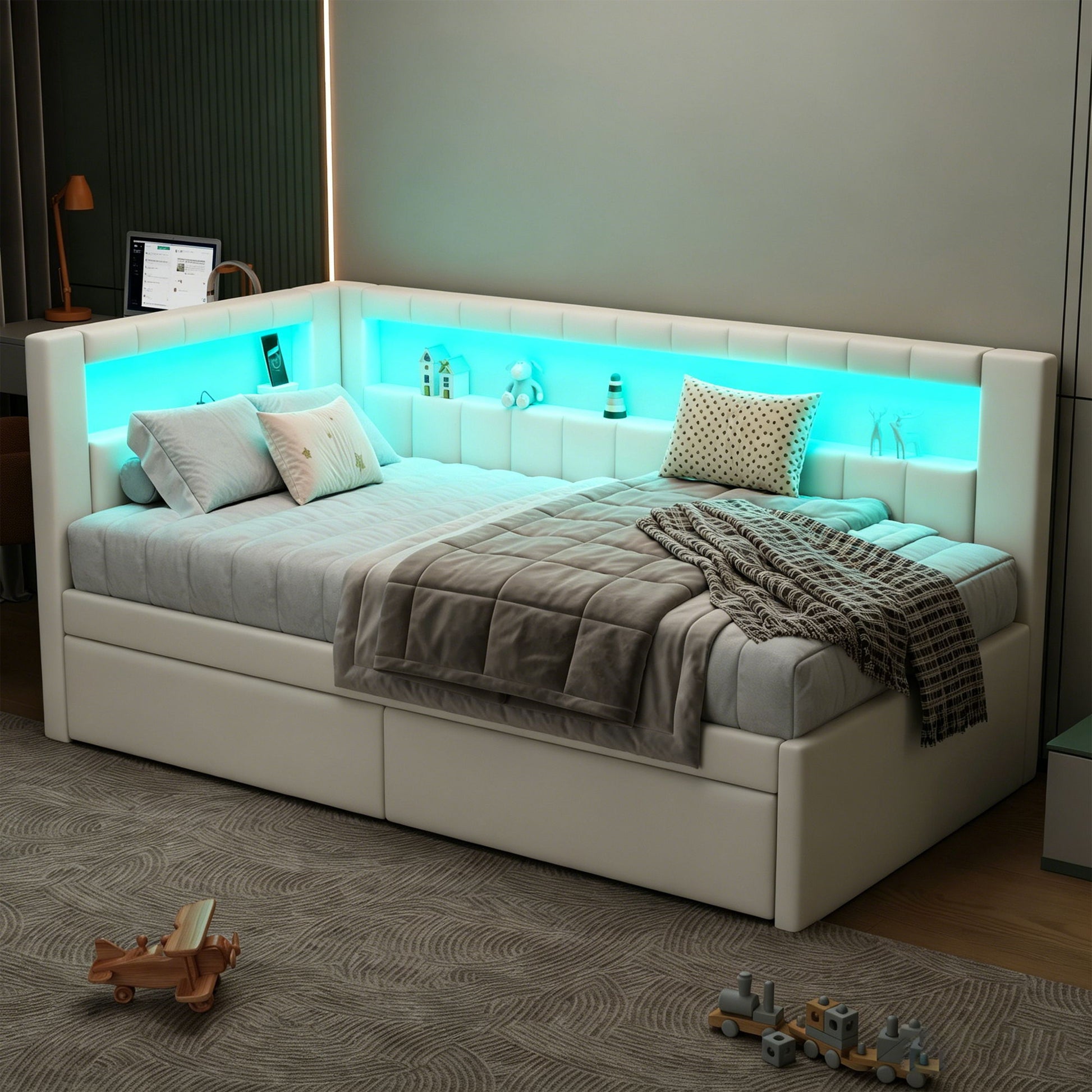 Upholstered Platform Bed With USB Ports And LED Belt - The Sleep Loft - Online Mattress Showroom NYC