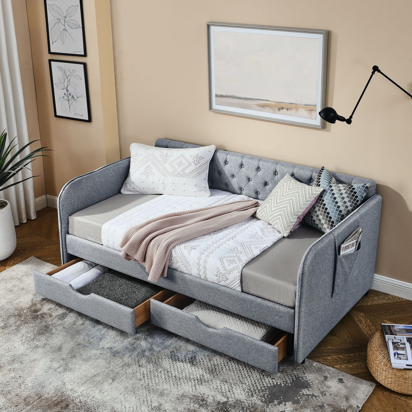 Daybed With Trundle And Storage Drawers, Flat Arms With Pocket - The Sleep Loft - Online Mattress Showroom NYC