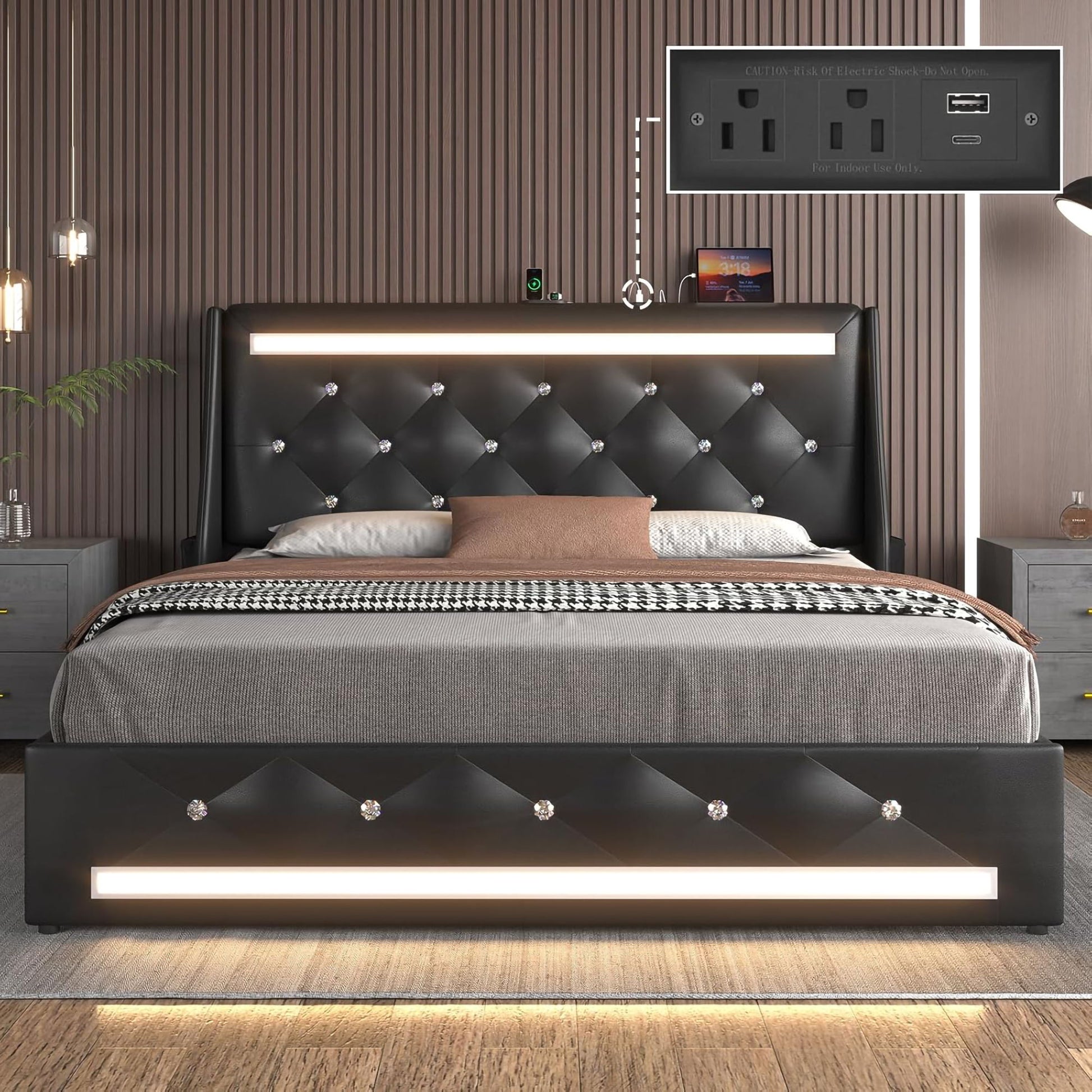 Wingback Upholstered Bed Frame With LED Lights, Charging Station - The Sleep Loft - Online Mattress Showroom NYC