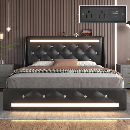 Wingback Upholstered Bed Frame With LED Lights, Charging Station - The Sleep Loft - Online Mattress Showroom NYC