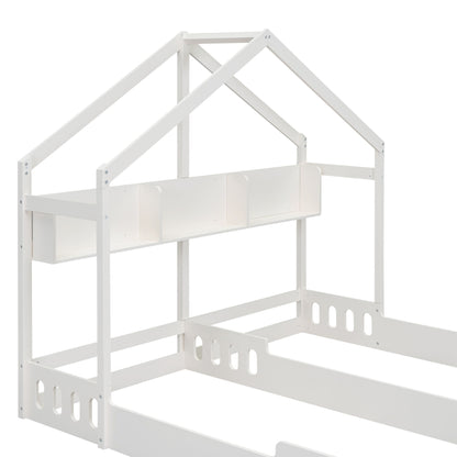 Twin Size Platform Bed With Shared Design, Guardrails, And Built In Shelves - Creamy White - The Sleep Loft - Online Mattress Showroom NYC
