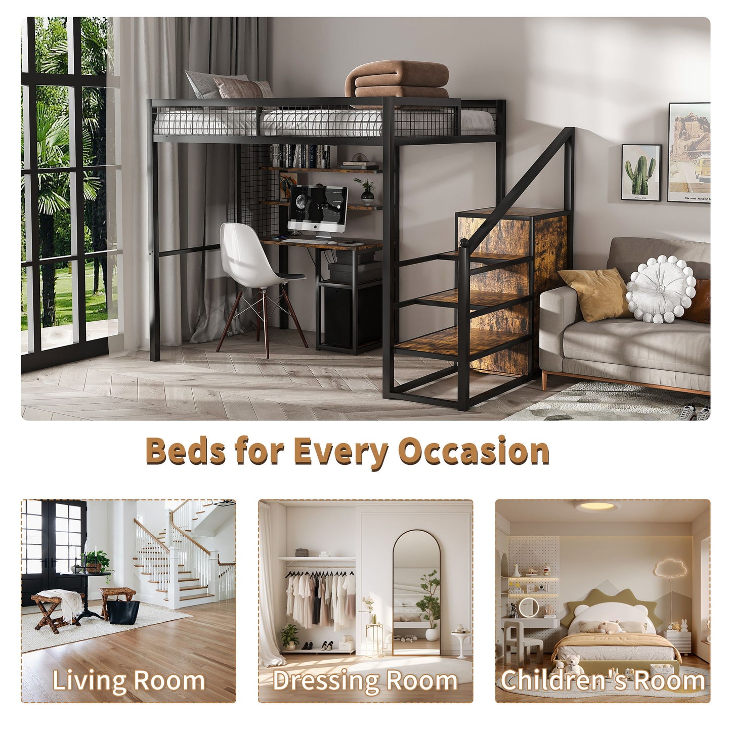 Full Size Loft Bed With Desk & Wardrobe Heavy Frame, Built In Staircase, Storage Rack & Shelves Gaming Bed - Black - The Sleep Loft - Online Mattress Showroom NYC