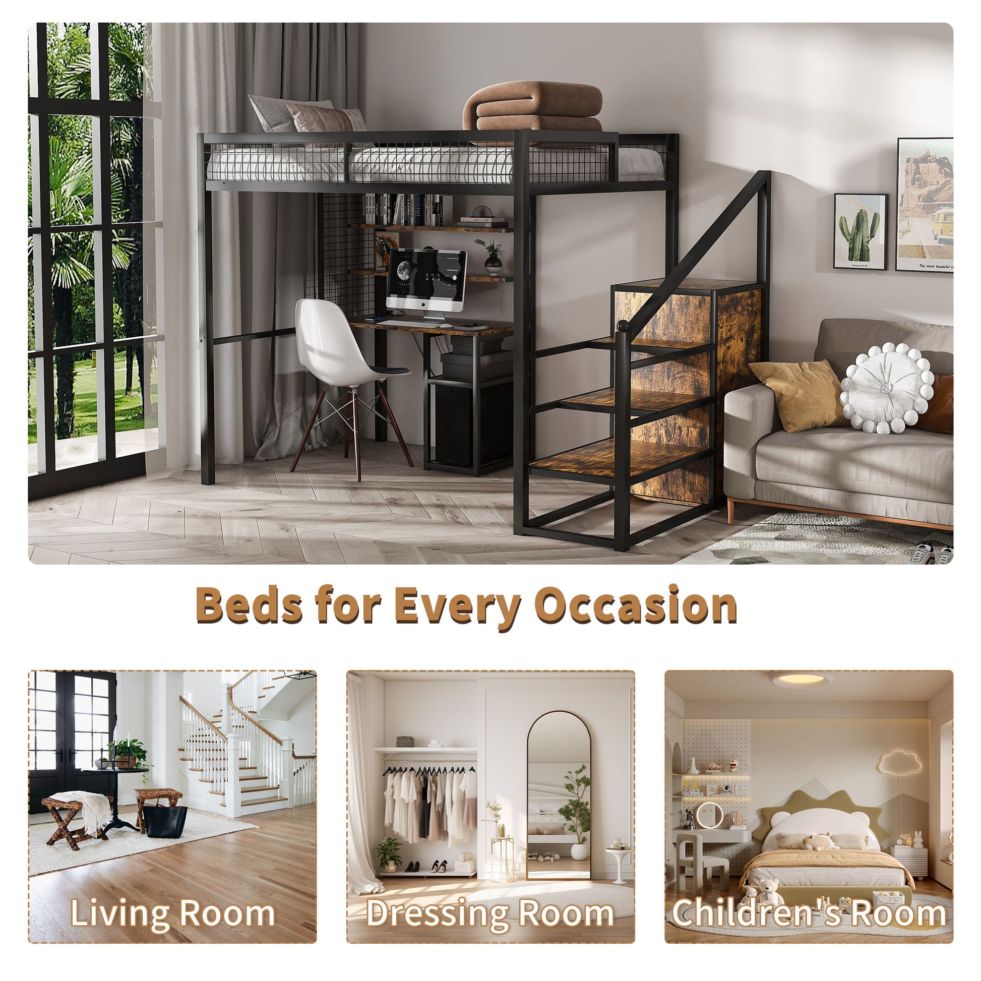 Full Size Loft Bed With Desk & Wardrobe Heavy Frame, Built In Staircase, Storage Rack & Shelves Gaming Bed - Black - The Sleep Loft - Online Mattress Showroom NYC