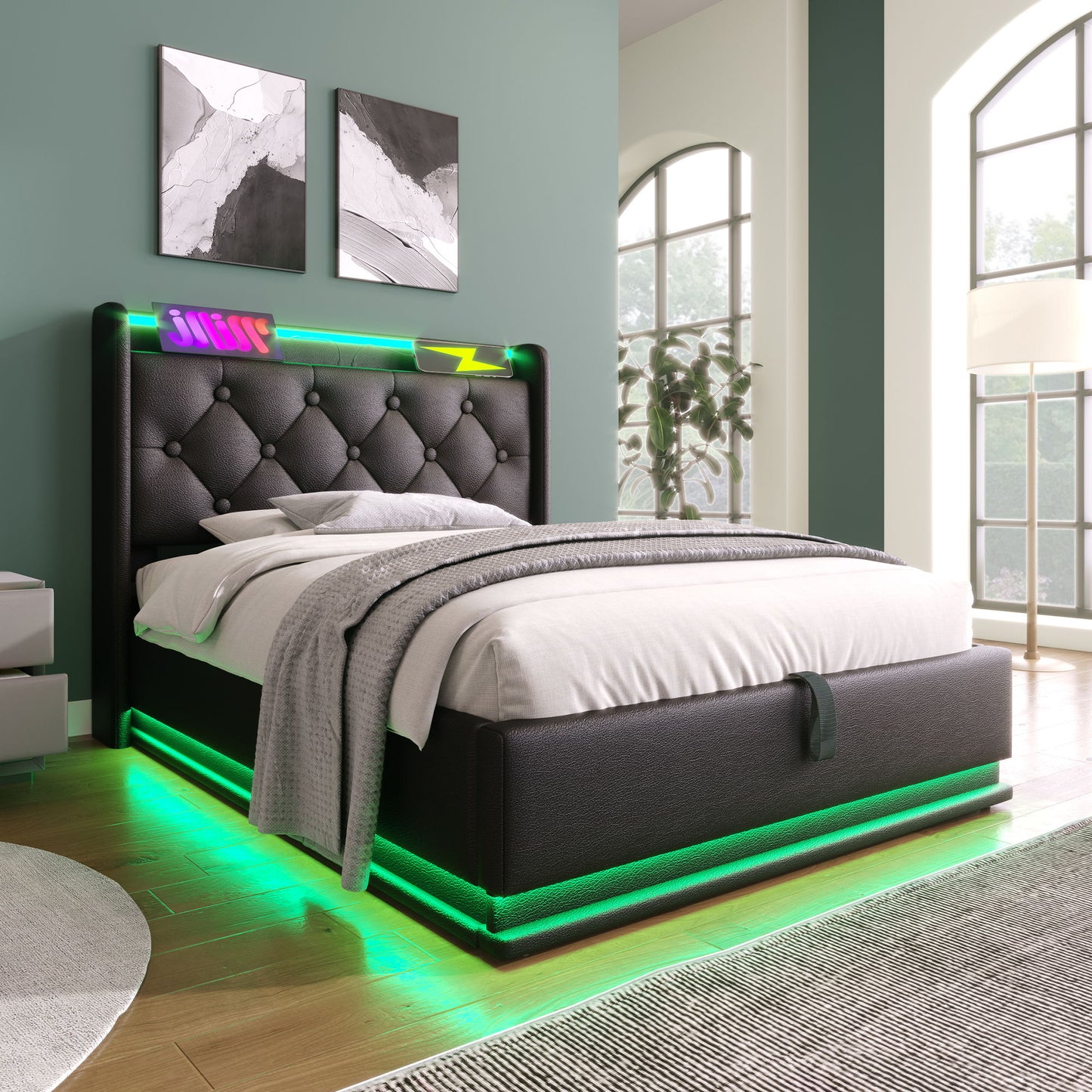 Upholstered Bed, 360 Surround LED Function, Remote Control, Hydraulic Storage Bed With USB, Type-C Charging (Without Mattress) - The Sleep Loft - Online Mattress Showroom NYC