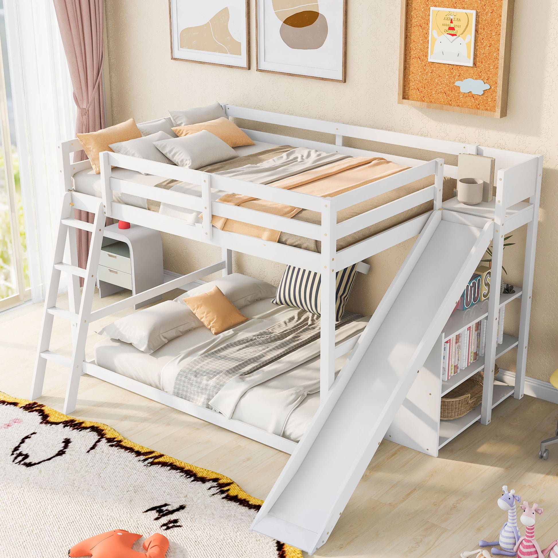 Bunk Bed With Ladder, Slide, And Shelves Pine Wood - The Sleep Loft - Online Mattress Showroom NYC