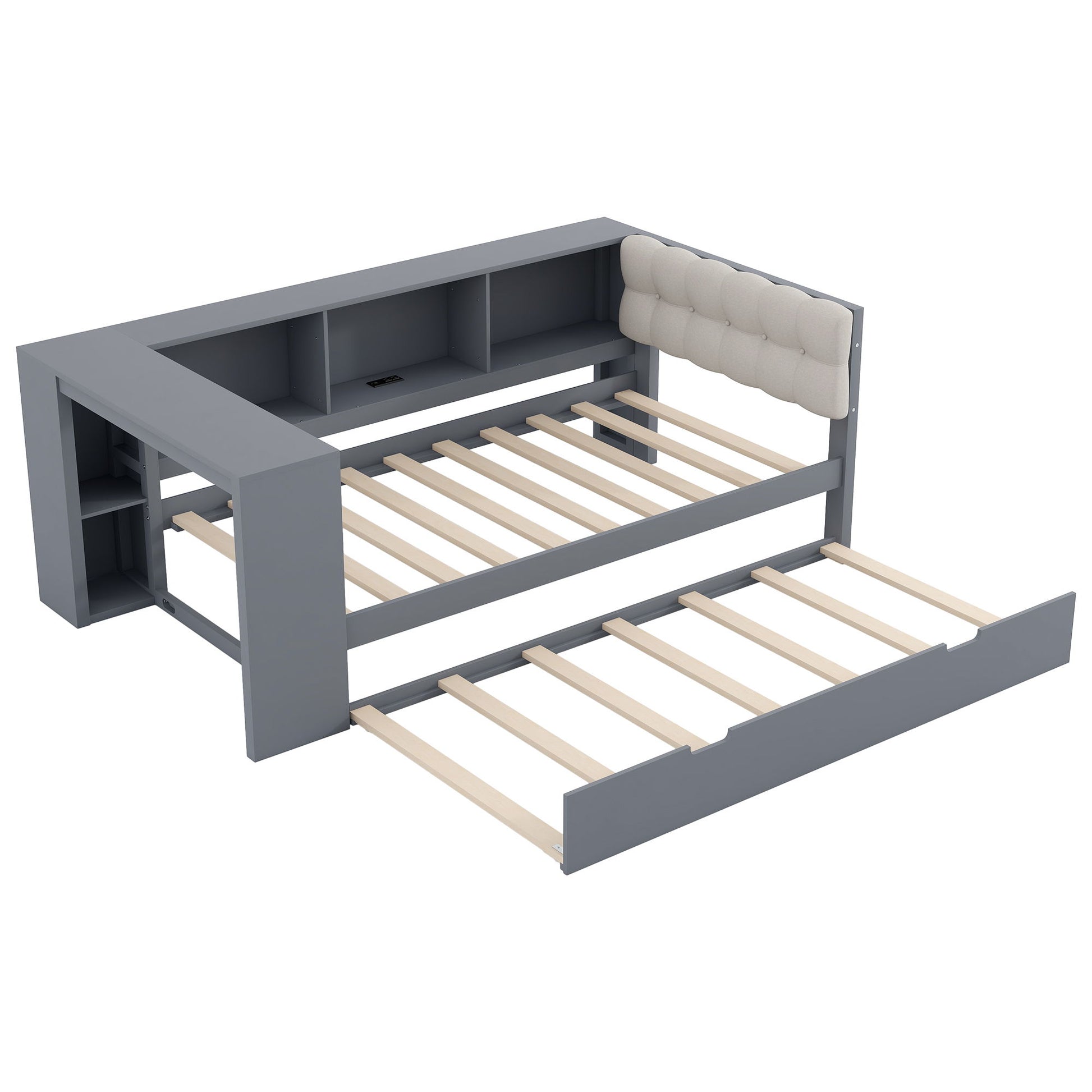 Upholstered Headboard Platform Bed With Storage Shelves, Trundle, Charging Station - The Sleep Loft - Online Mattress Showroom NYC