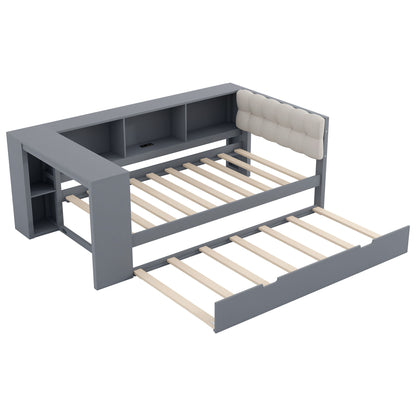 Upholstered Headboard Platform Bed With Storage Shelves, Trundle, Charging Station - The Sleep Loft - Online Mattress Showroom NYC