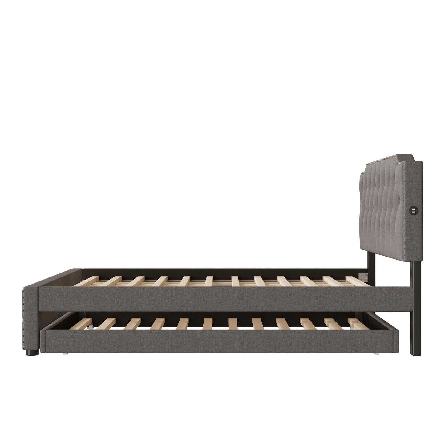 Upholstered Platform Bed With Trundle And 2 Sets Of USB Ports On Each Side, Linen Fabric - The Sleep Loft - Online Mattress Showroom NYC