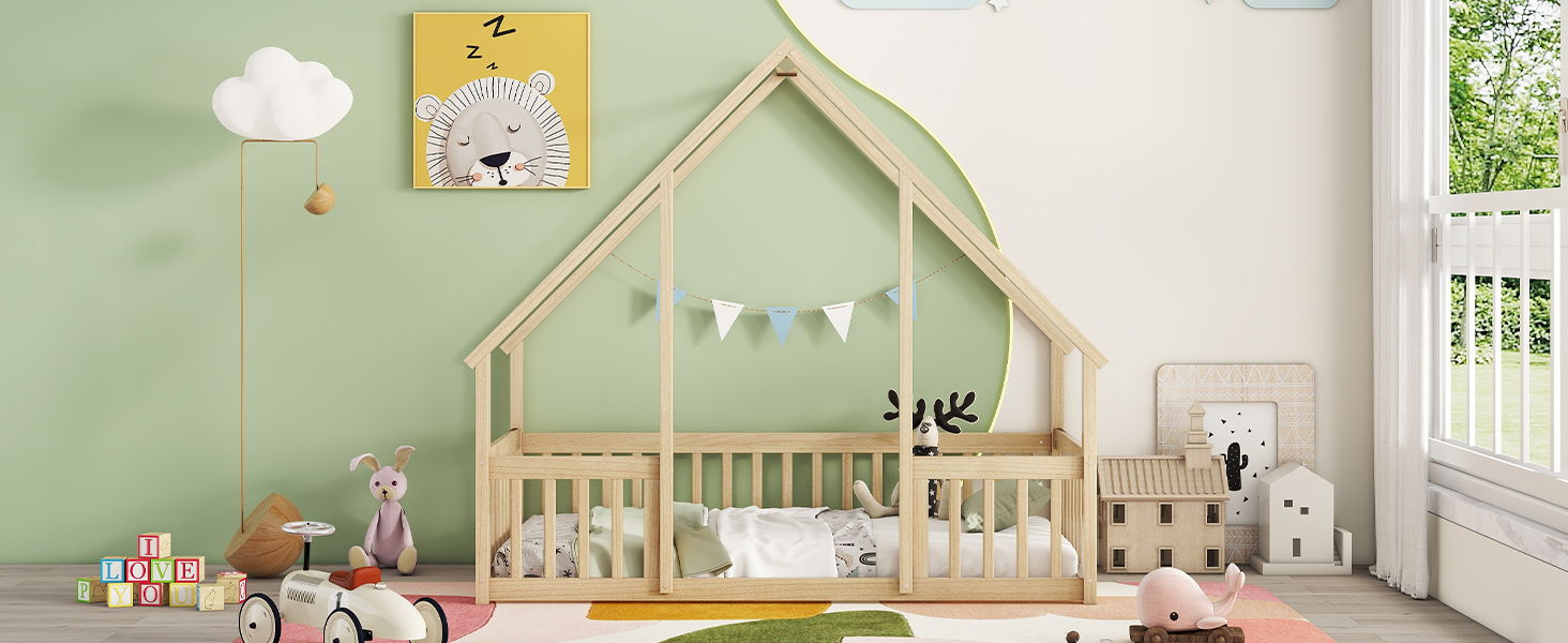 Wood House-Shaped Floor Bed With Fence, Guardrails - The Sleep Loft - Online Mattress Showroom NYC