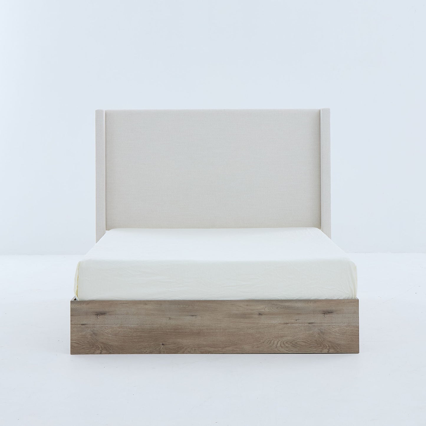 Shelton - Queen Upholstered Wingback Bed With 54" High Headboard - Ivory / Light Gray / Camel Oak - The Sleep Loft - Online Mattress Showroom NYC