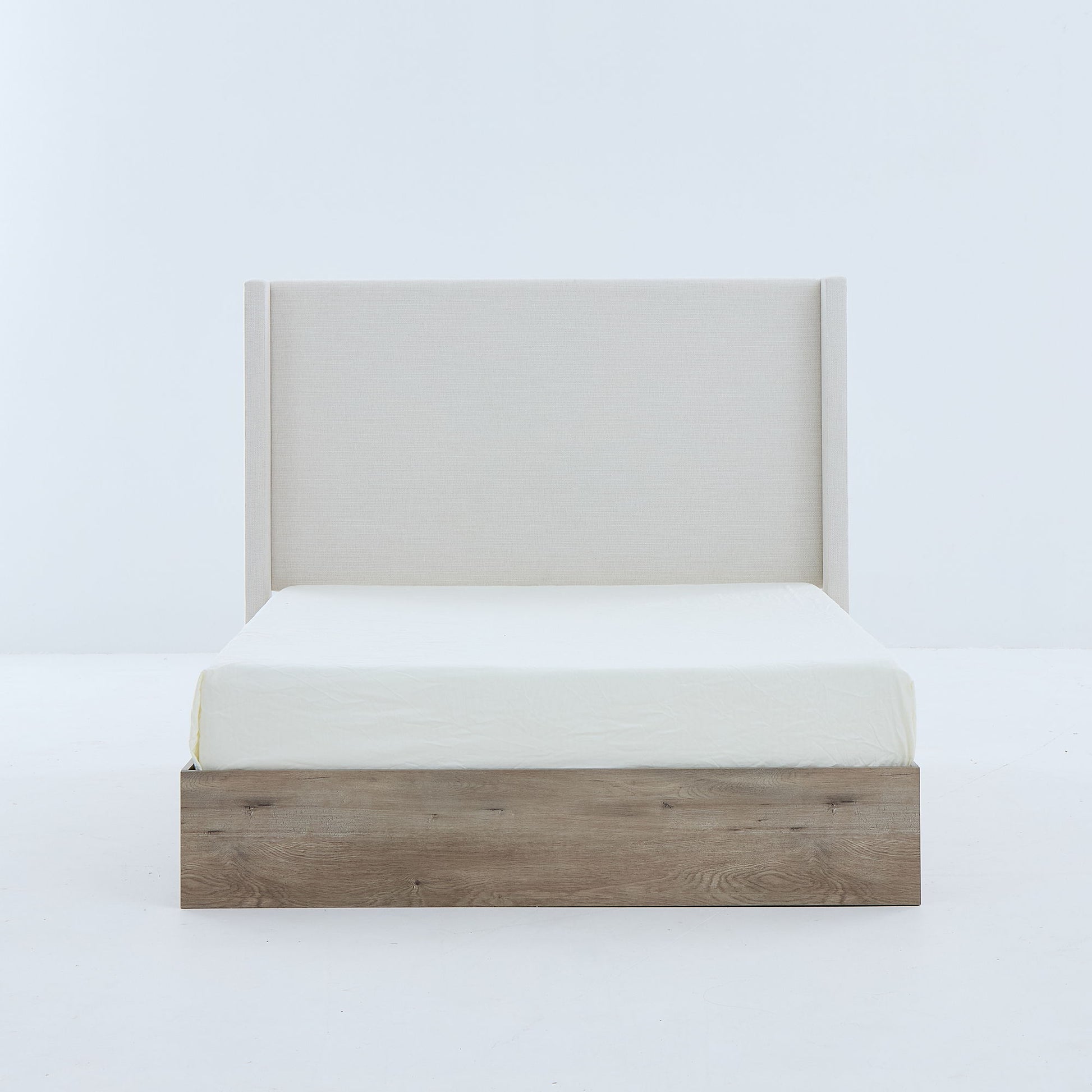 Shelton - Queen Upholstered Wingback Bed With 54" High Headboard - Ivory / Light Gray / Camel Oak - The Sleep Loft - Online Mattress Showroom NYC